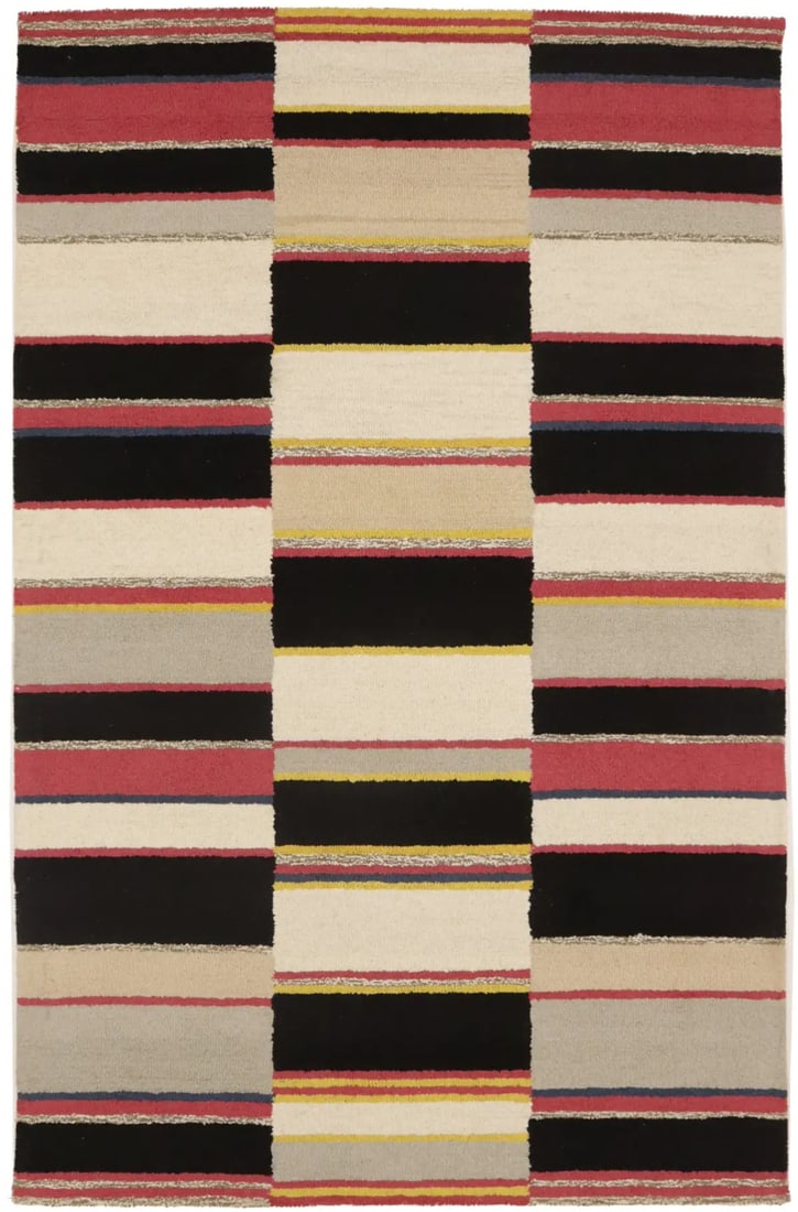 Multicolored Wool Hand-Tufted 5x8 Modern Striped Area Rug from India: Multicolored Wool Hand-Tufted 5x8 Modern Striped Area Rug from India This contemporary area rug features a hand-tufted design with multicolored stripes, crafted from plush wool. The rug offers a high 