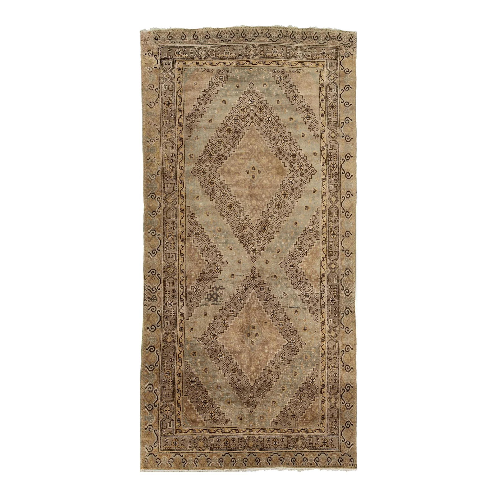 Antique Turkish Khotan Wool Rug 6'7 x 13'8 Light Brown Tribal Motif: Antique Turkish Khotan Wool Rug 6'7 x 13'8 Light Brown Tribal Motif Discover the exquisite craftsmanship of this beautiful Antique Turkish Khotan hand-knotted wool rug. Featuring a light brown field, 