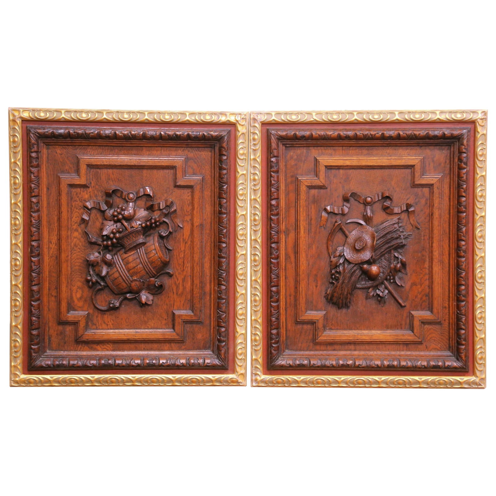 Set of Two Antique French Oak Harvest Panels in Giltwood Frames (1 of 11)