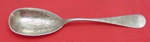 Whiting Antique Acid Etched Sterling Silver Berry Spoon 8.5": Whiting Antique Acid Etched Sterling Silver Berry Spoon 8.5" This exquisite Antique Acid Etched Berry Spoon, crafted by Whiting, showcases a stunning design featuring large acid-etched maple leaves an
