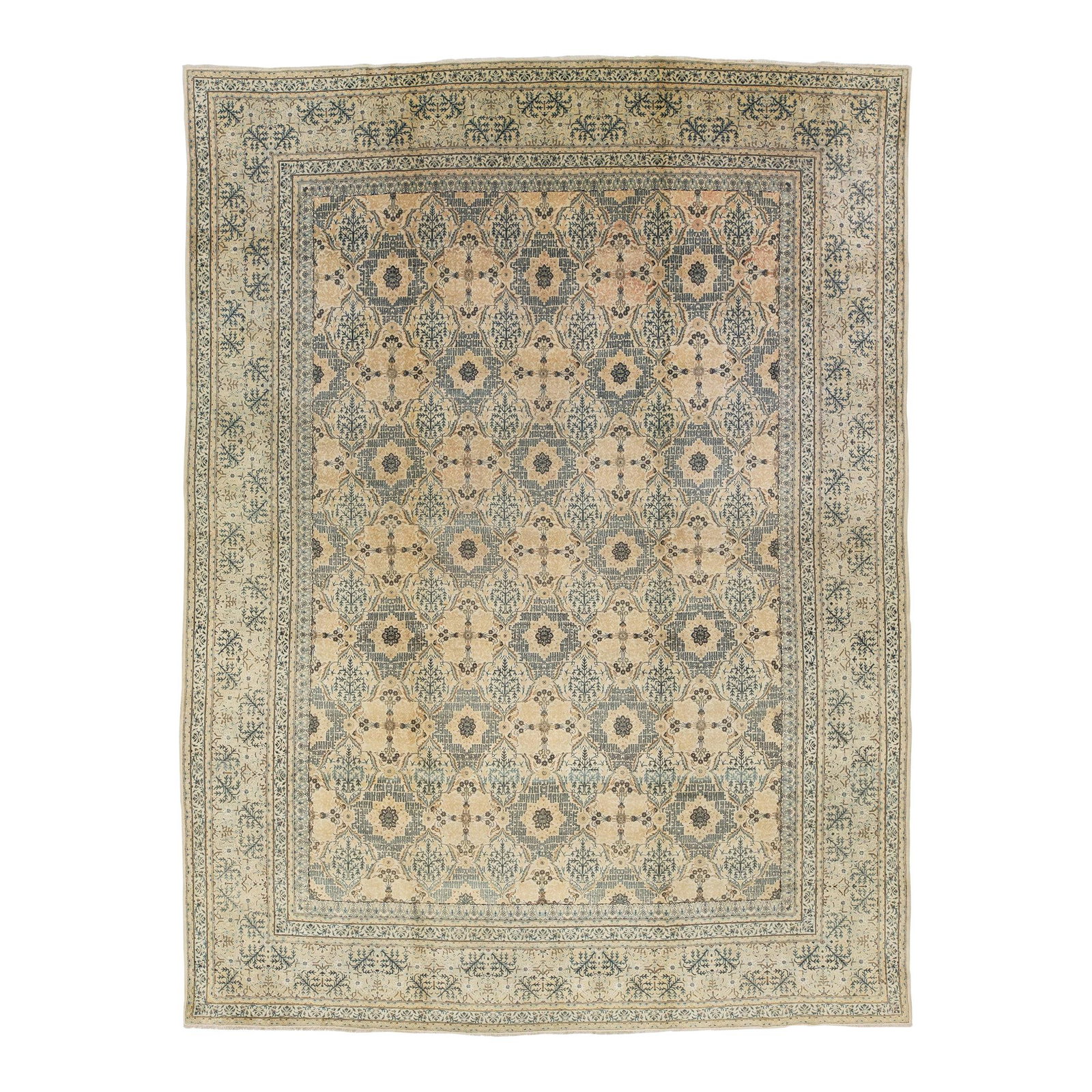 Antique Kashan Wool Rug Floral Design Beige 10'6 x 14': Antique Kashan Wool Rug Floral Design Beige 10'6 x 14' This exquisite hand-knotted antique Kashan rug showcases a stunning floral pattern set against a warm beige background. Accents of green and brow