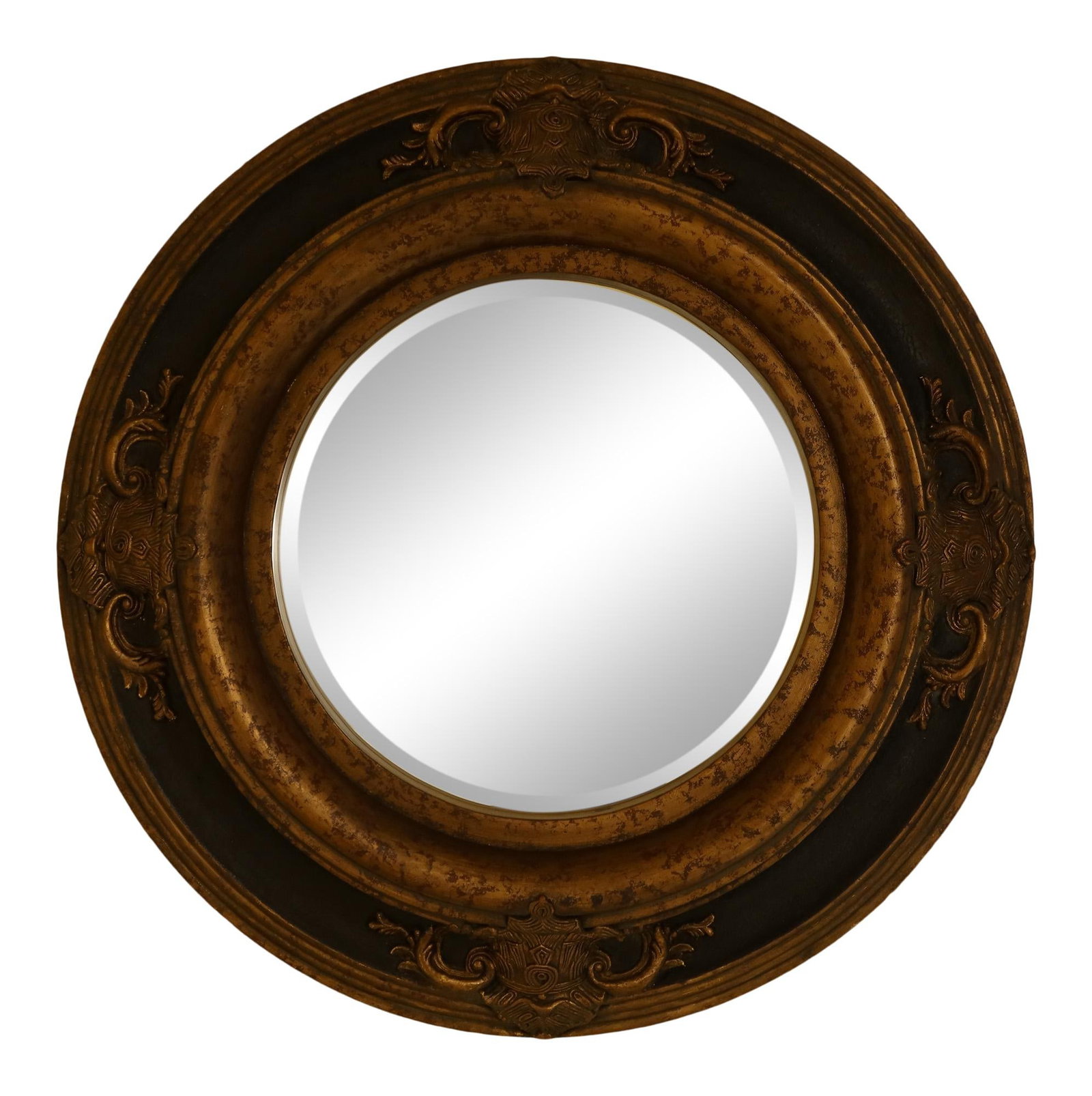 Italian Style Round Beveled Glass Mirror with Black and Gold Frame: Italian Style Round Beveled Glass Mirror with Black and Gold Frame This exquisite round beveled glass mirror showcases an Italian style, featuring a quality construction and a thick, deep composite fr