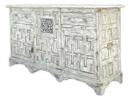 19th Century Antique Boho Carved Wood Credenza with Brass Accents: 19th Century Antique Boho Carved Wood Credenza with Brass Accents Make a dramatic statement with this Grand Vintage Boho Carved Wood Credenza, a stunning piece that blends antique grandeur with a rela
