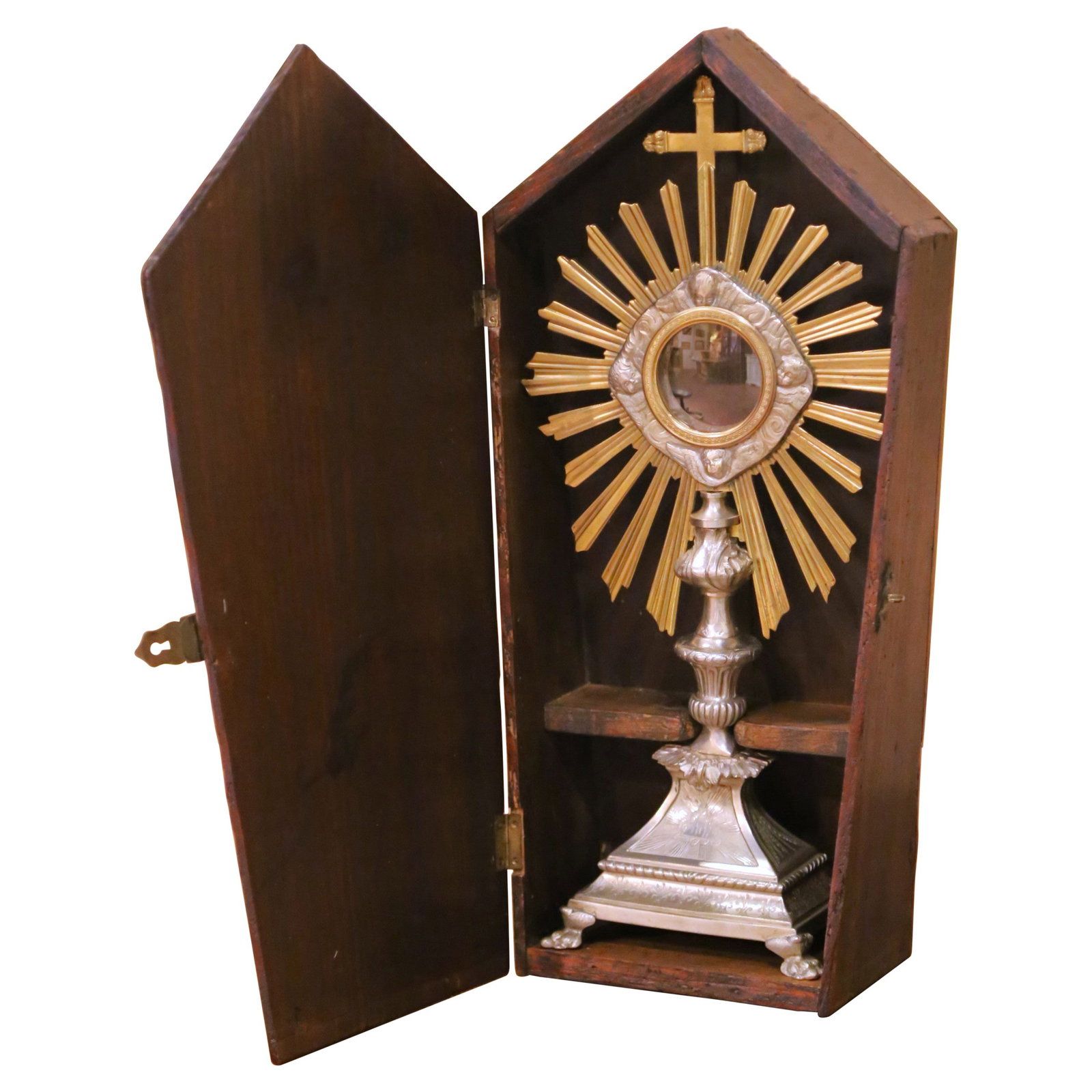Louis XIV Style French Silvered Bronze Monstrance with Sunburst and Original Case: Louis XIV Style French Silvered Bronze Monstrance with Sunburst and Original Case This mid-19th century French ostensoir monstrance is crafted from finely cast and silvered bronze, complemented by gil