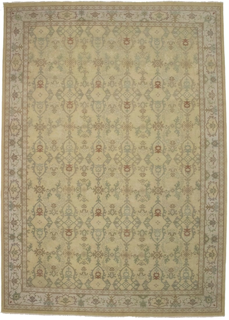 Muted Wool Area Rug 10'0 x 14'1 Hand-Knotted Modern Antique-Washed Carpet: Muted Wool Area Rug 10'0 x 14'1 Hand-Knotted Modern Antique-Washed Carpet This hand-knotted 10x14 area rug from India features a transitional geometric pattern in muted tones of golden beige, rust, ol