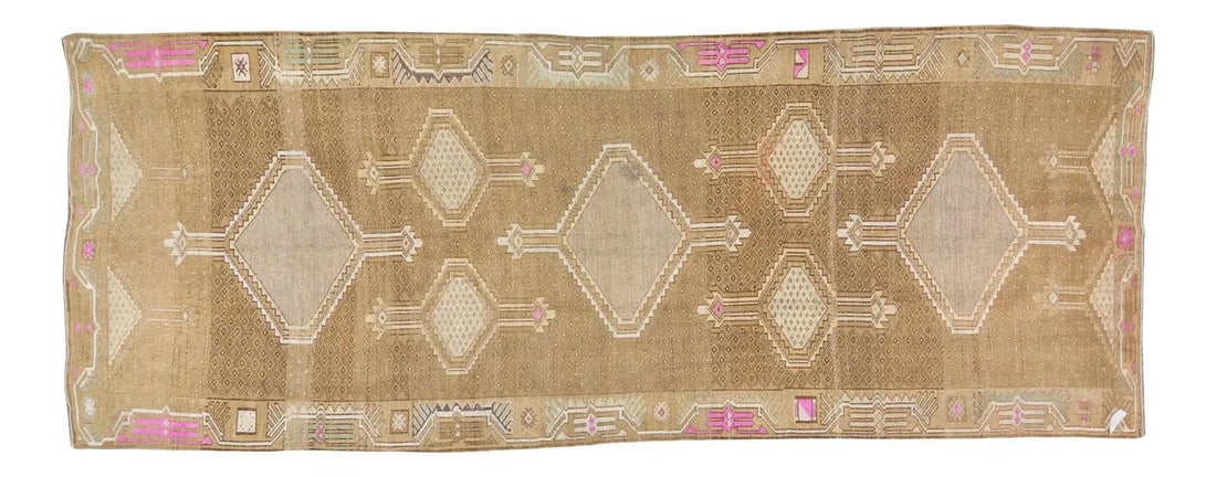 4'11" x 13'1" Oushak Rug Hand Knotted Wool Turkish Anatolian Fine Weave: 4'11" x 13'1" Oushak Rug Hand Knotted Wool Turkish Anatolian Fine Weave This vintage Turkish Anatolian Oushak rug is hand knotted from organic wool, featuring natural colors and a soft texture. The ru