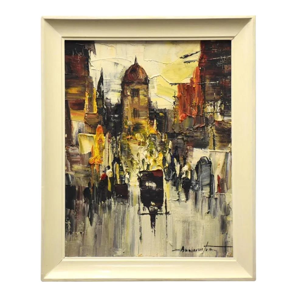 Mid Century Abstract City Canvas Painting Signed Red 13.5 x 16.5 (1 of 3)