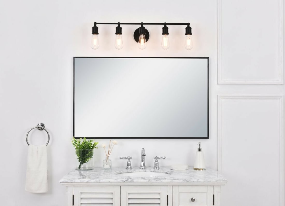 Serif 5-Light Black Metal Wall Sconce 28.8 Inch: Serif 5-Light Black Metal Wall Sconce 28.8 Inch This black wall sconce light fixture features a modern farmhouse and mid-century design, suitable for various indoor spaces such as living rooms, dining