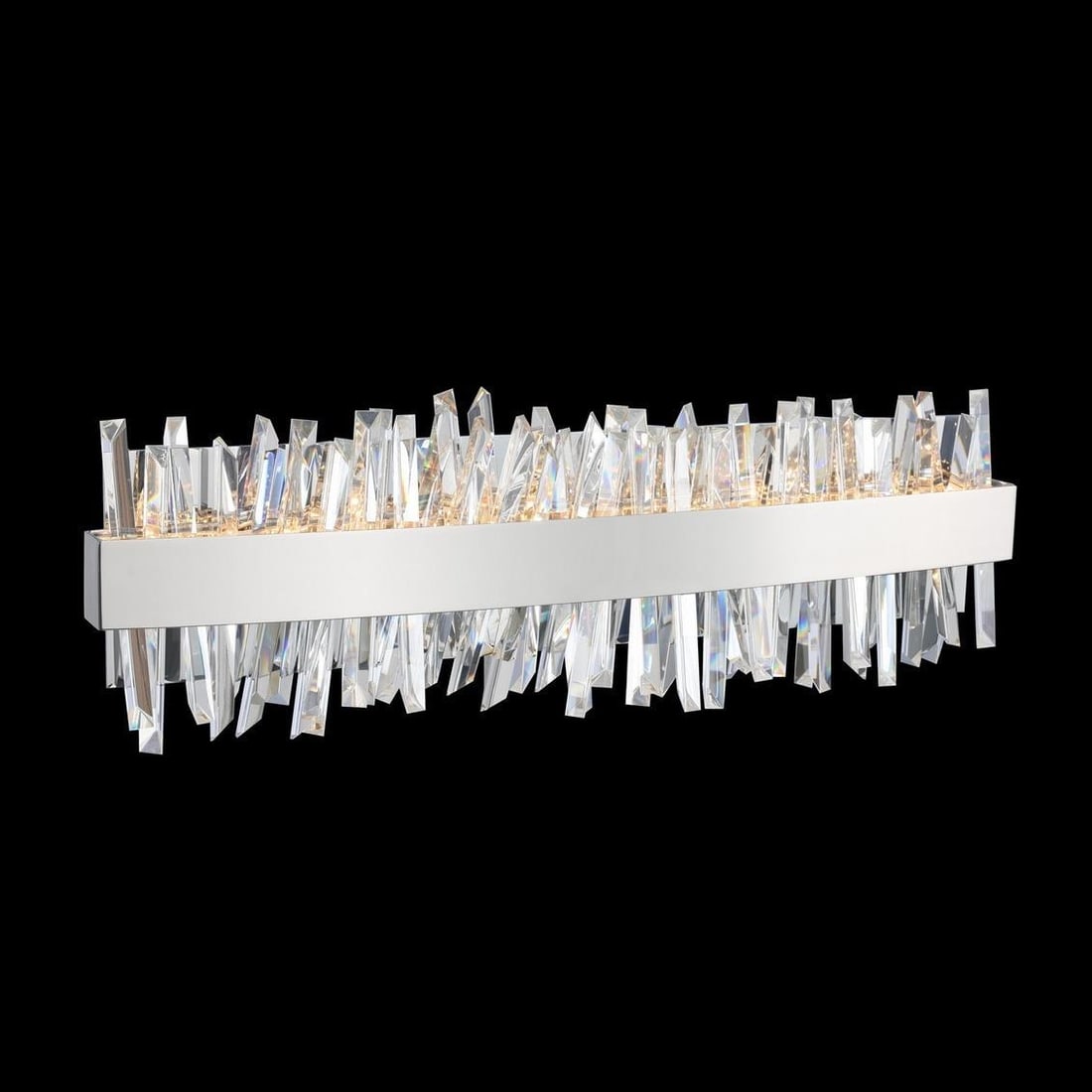 Kalco Ada 24 Inch Chrome & Crystal Dimmable LED Bath Light: Kalco Ada 24 Inch Chrome & Crystal Dimmable LED Bath Light Illuminate your space with the Elegant Chrome & Crystal 24" Bath Light Fixture, a stunning addition to any contemporary decor. This fixture f