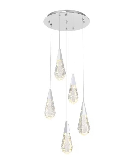 Amora 5-Light Chrome Crystal Pendant Fixture: Amora 5-Light Chrome Crystal Pendant Fixture This modern pendant chandelier features five diamond-faceted crystal shades and a chrome-plated finish, creating a striking centerpiece for any indoor spac
