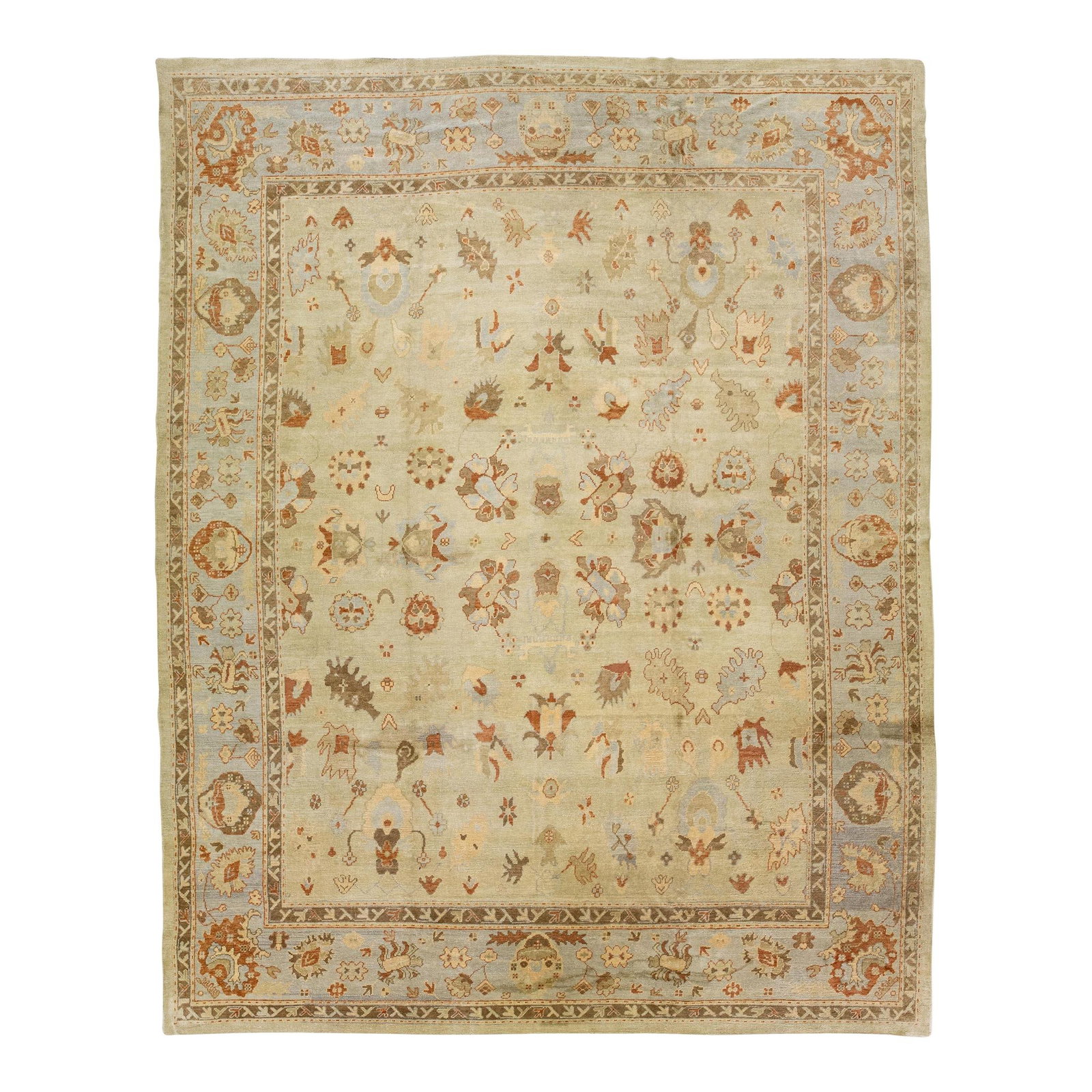 Oversize Modern Oushak Beige Floral Wool Rug 13'3 x 16'5: Oversize Modern Oushak Beige Floral Wool Rug 13'3 x 16'5 Introducing a stunning modern Oushak rug that beautifully blends traditional artistry with contemporary aesthetics. Hand-knotted from premium w
