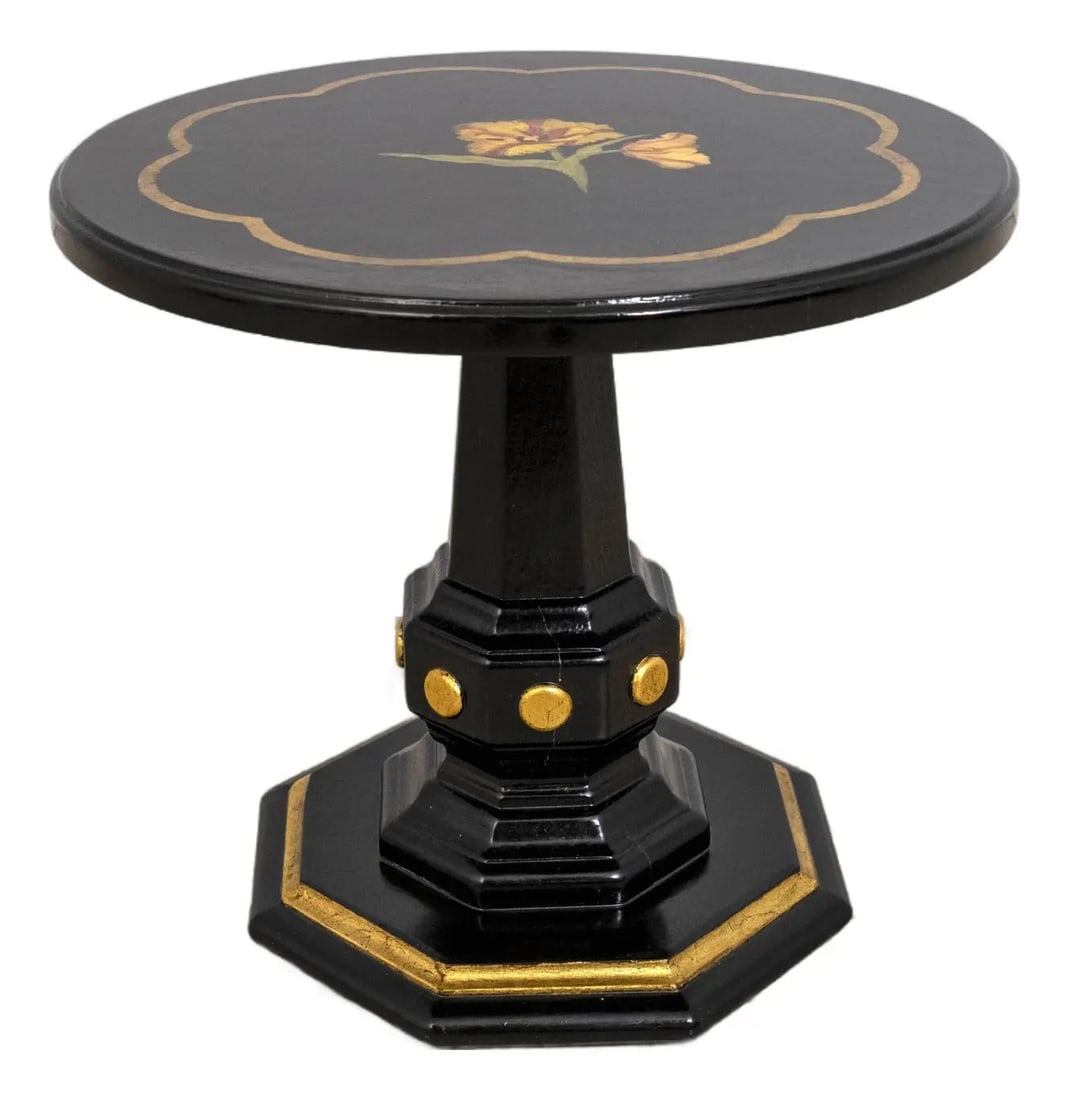 Italian Style Black Gold Floral Pedestal Table 30 Years Old: Italian Style Black Gold Floral Pedestal Table 30 Years Old This exquisite small pedestal table showcases Italian style with its high-quality construction and elegant floral hand-painted top. The roun