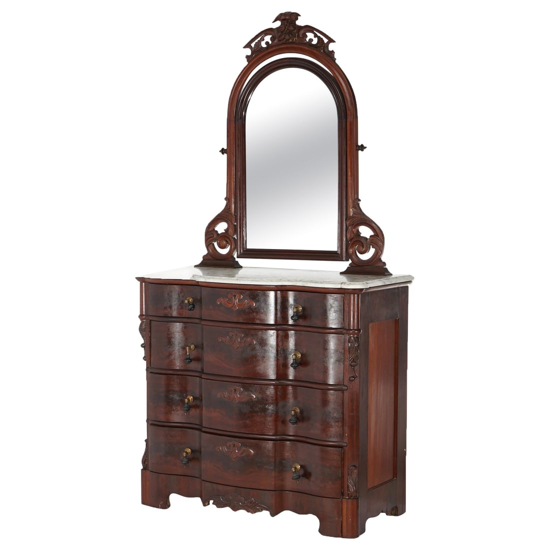 Victorian Flame Mahogany Chest of Drawers with Mirror Circa 1860: Victorian Flame Mahogany Chest of Drawers with Mirror Circa 1860 Discover a stunning Antique Victorian Flame Mahogany Swell Front Mirrored Chest of Drawers, dating back to circa 1860. This exquisite p