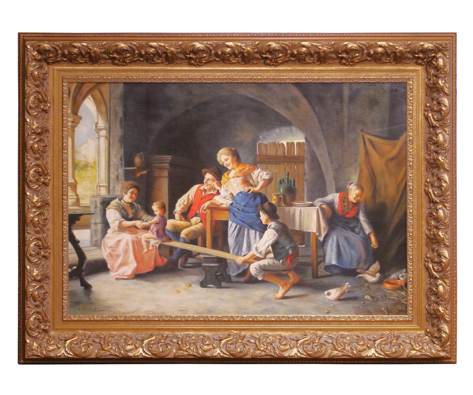 Italian Oil on Canvas in the Style of Torriglia Signed S Russo Framed: Italian Oil on Canvas in the Style of Torriglia Signed S Russo Framed This large Italian oil on canvas, painted circa 1990, is a faithful reinterpretation of "L'Altalena" (The See-Saw), originally com