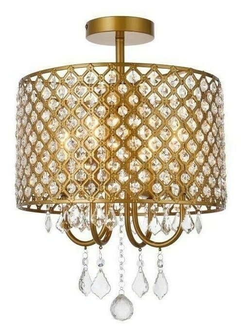 Elise 4-Light Brass Crystal Semi Flush Mount Chandelier 14-Inch: Elise 4-Light Brass Crystal Semi Flush Mount Chandelier 14-Inch Illuminate your space with the exquisite Elise 4-Light Semi Flush Mount Chandelier. This elegant fixture features a stunning design with