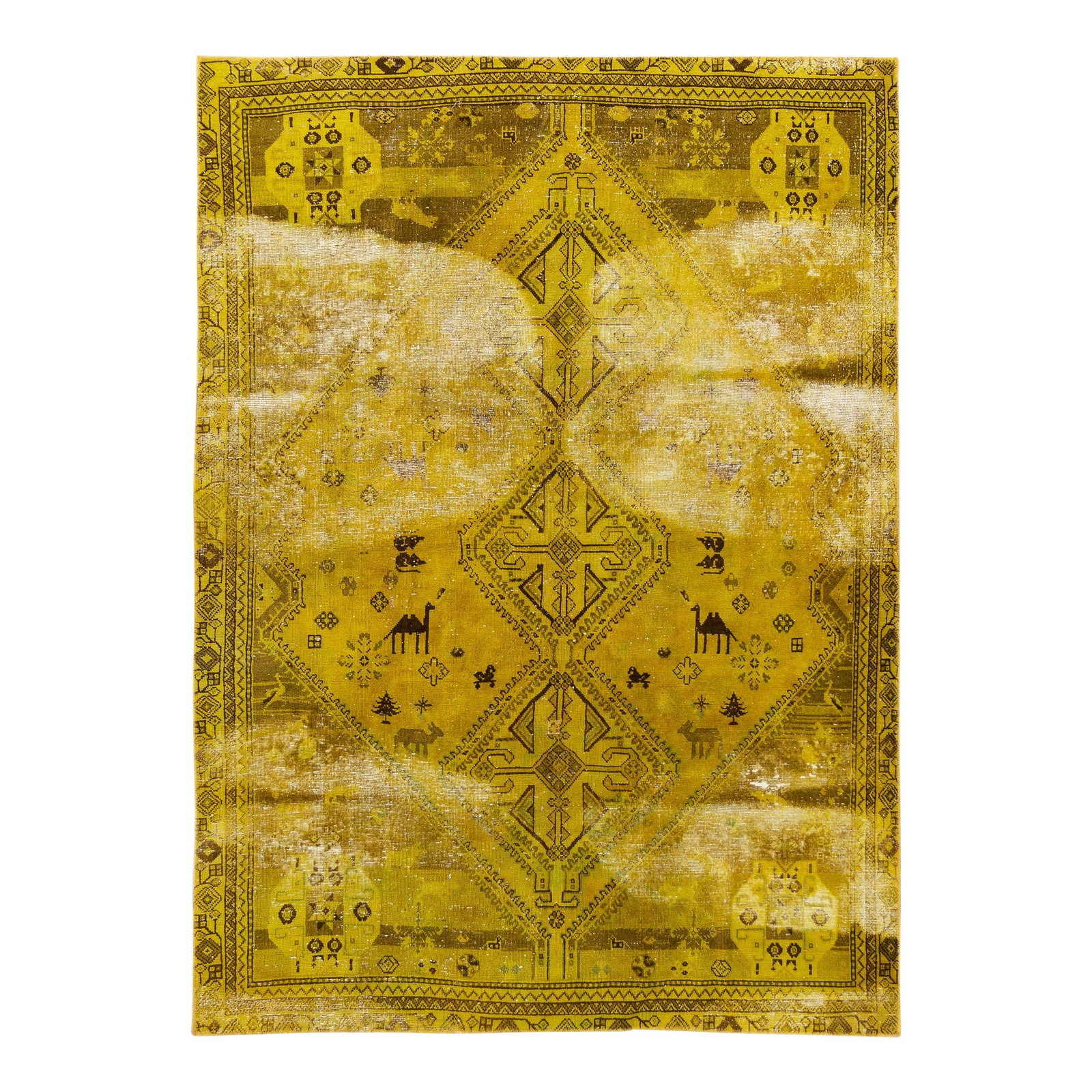 Vintage Turkish Hand-Knotted Yellow Wool Rug 6'7 X 9'2: Vintage Turkish Hand-Knotted Yellow Wool Rug 6'7 X 9'2 Discover the charm of this vintage distressed Turkish hand-knotted wool rug, featuring a vibrant yellow field adorned with intricate brown accent
