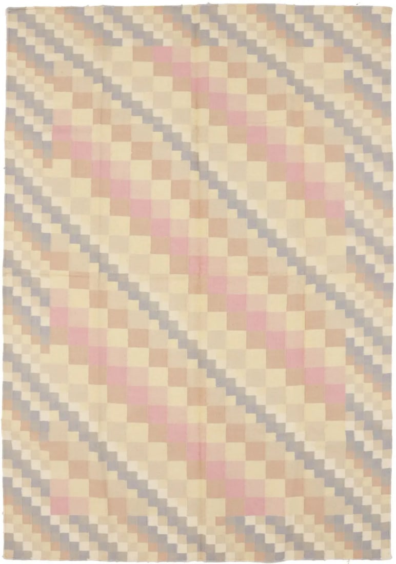 Pastel Handwoven Wool Geometric Area Rug 5'8 x 8'4 Modern Style: Pastel Handwoven Wool Geometric Area Rug 5'8 x 8'4 Modern Style This area rug features a modern geometric pattern in pastel tones including cream, brown, pink, blue, and gray. Hand-woven from wool, th