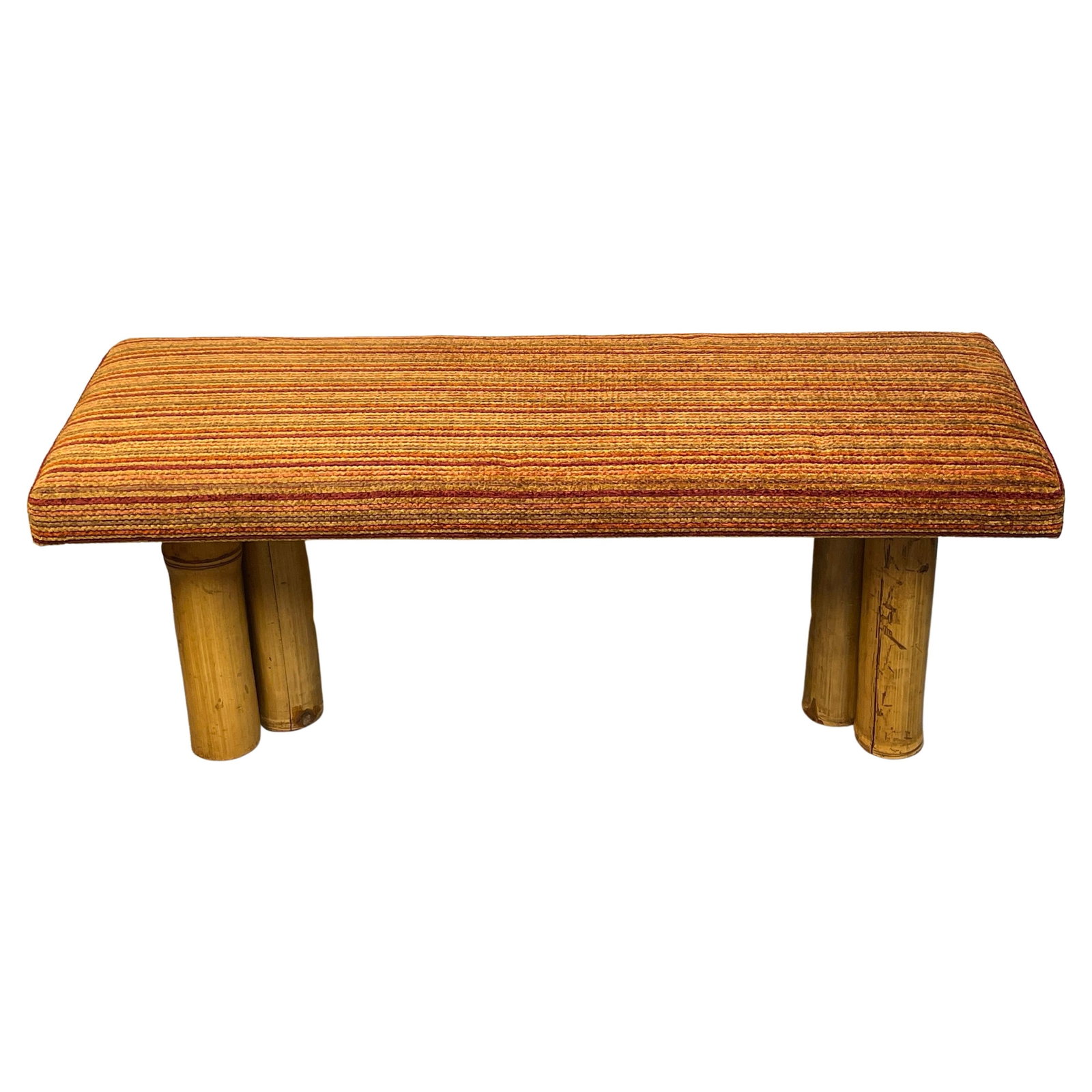 Mid-Century Modern Bamboo Long Bench with Marigold Upholstery: Mid-Century Modern Bamboo Long Bench with Marigold Upholstery This exquisite mid-century modern bamboo upholstered long bench, dating back to the 1960s, features a striking marigold color palette with