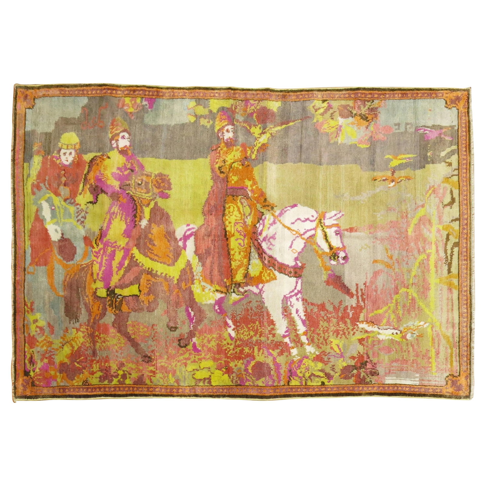 Mid-20th Century Fluorescent Karabagh Pictorial Wool Rug: Mid-20th Century Fluorescent Karabagh Pictorial Wool Rug This stunning mid-20th century Bessarabian pictorial rug features a vibrant fluorescent color palette, showcasing a unique scene of three men r