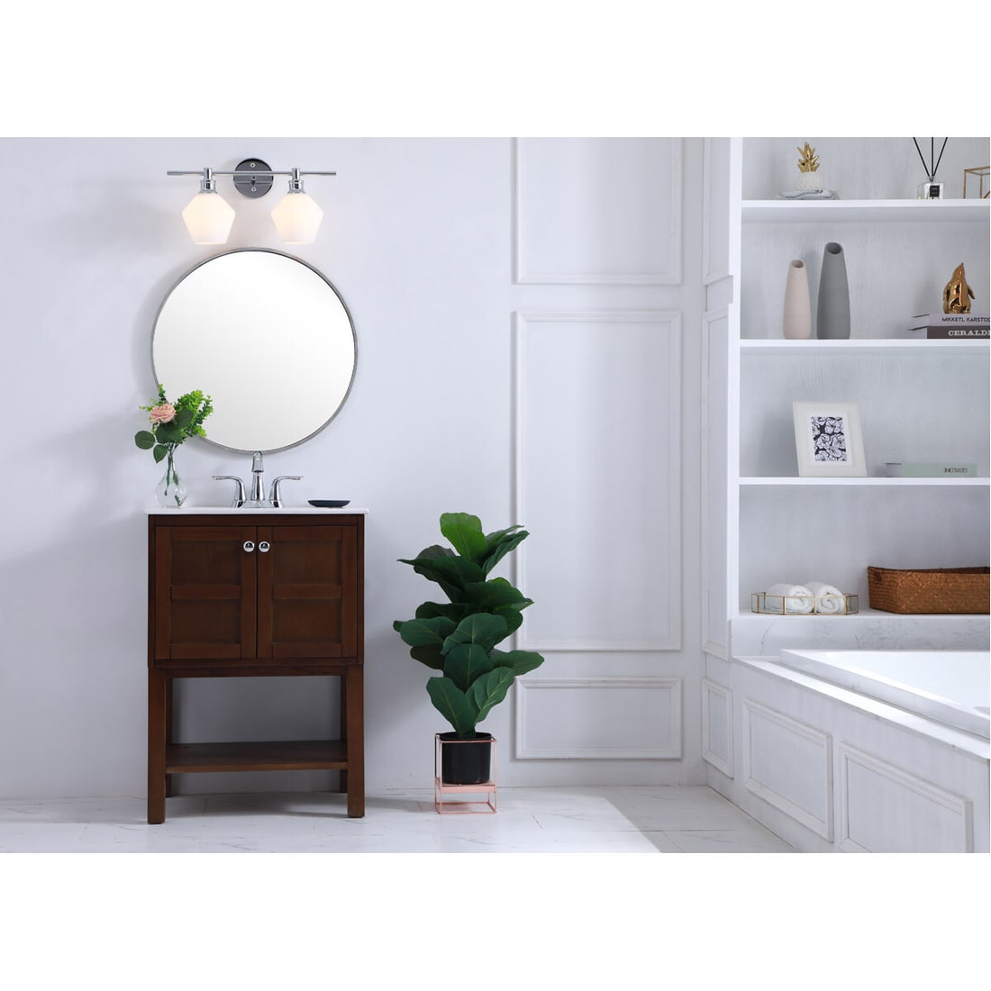 Gene Chrome Metal Wall Sconce with Frosted White Glass Shade: Gene Chrome Metal Wall Sconce with Frosted White Glass Shade This modern wall sconce light fixture features a polished chrome finish and frosted white glass shades, offering a sleek and contemporary l