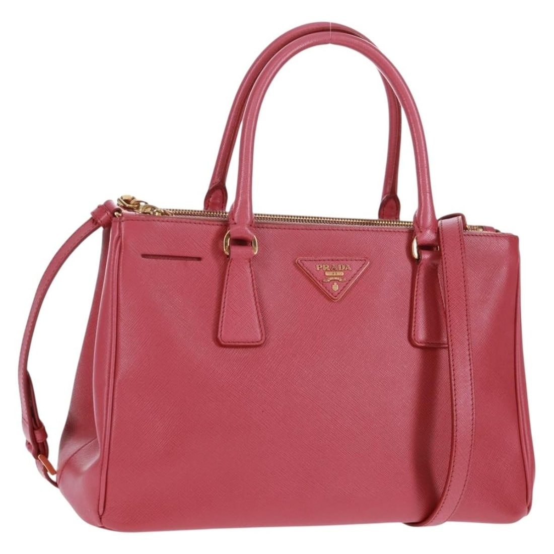 Prada Galleria Pink Saffiano Leather 2way Handbag with Shoulder Strap: Prada Galleria Pink Saffiano Leather 2way Handbag with Shoulder Strap This PRADA Galleria handbag is crafted from pink Saffiano leather and features both top handles and a detachable shoulder strap fo