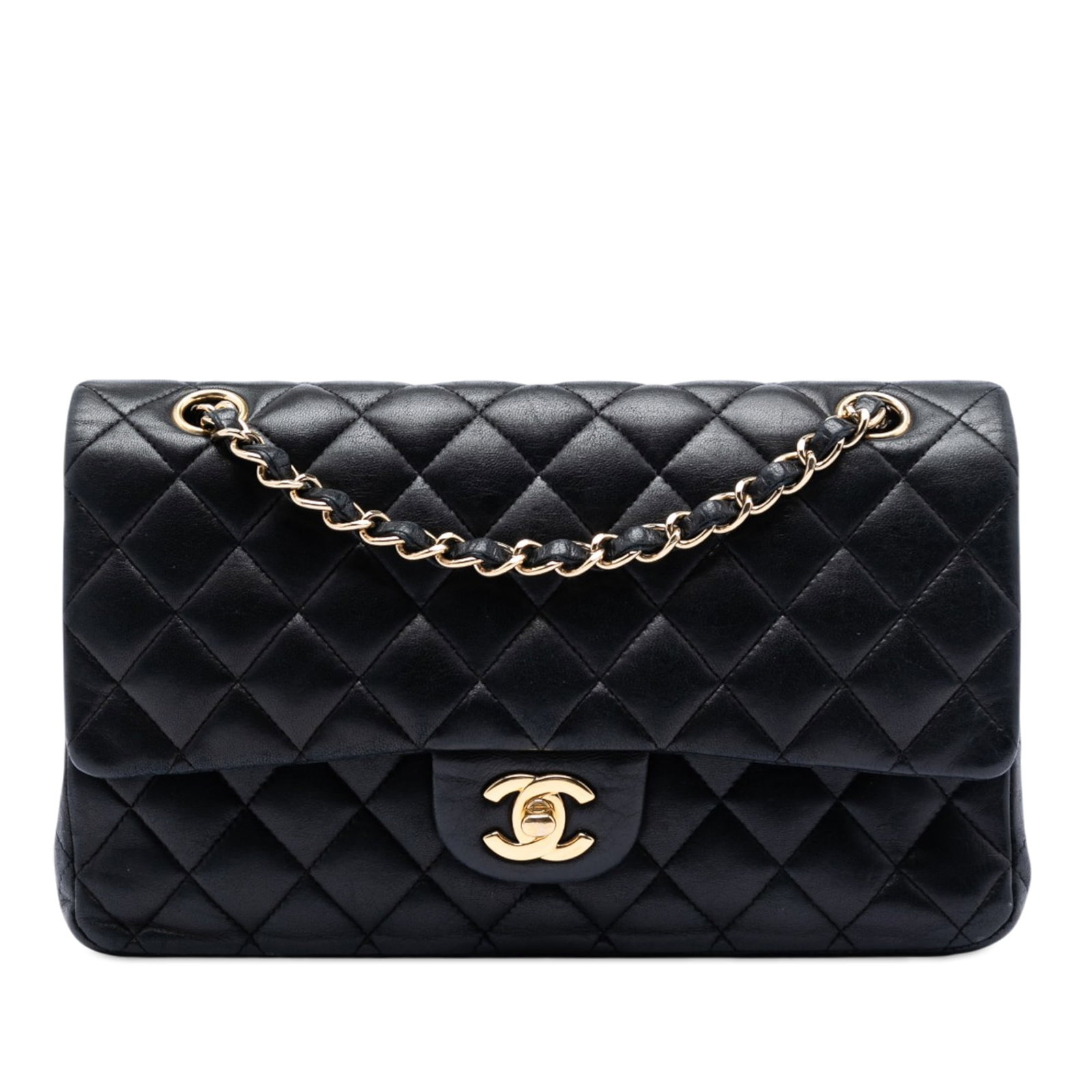 Chanel Medium Classic Double Flap Shoulder Bag Black Lambskin: Chanel Medium Classic Double Flap Shoulder Bag Black Lambskin Medium Classic Lambskin Double Flap shoulder bag in black quilted lambskin with leather-woven chain straps, double front flaps, interlocki