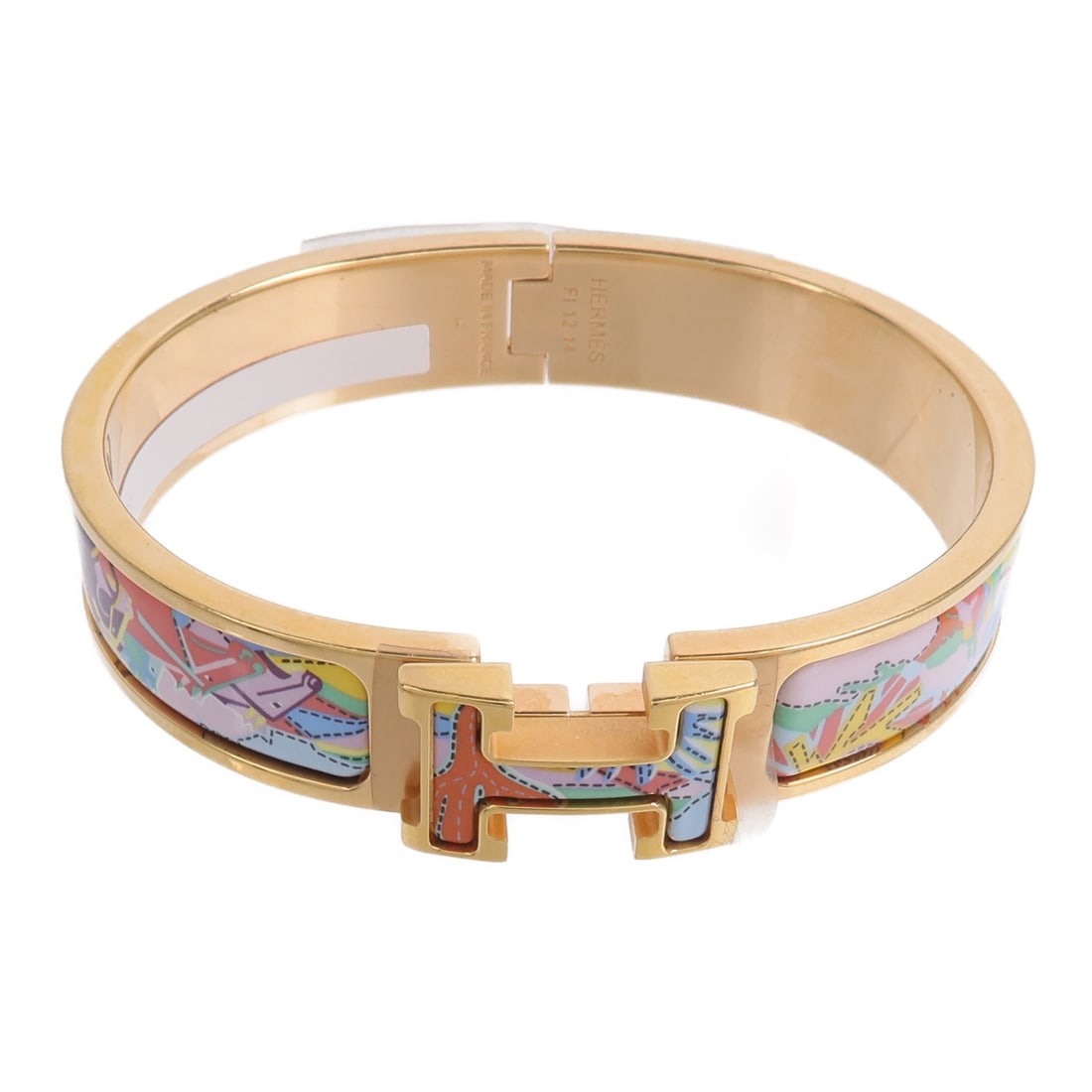 HERMES Clic H enamel bracelet in multicolor gold tone: HERMES Clic H enamel bracelet in multicolor gold tone Hermes Clic H bracelet in multicolor enamel with a gold-tone finish. Designed for women, this bracelet is made in France and presented in very goo