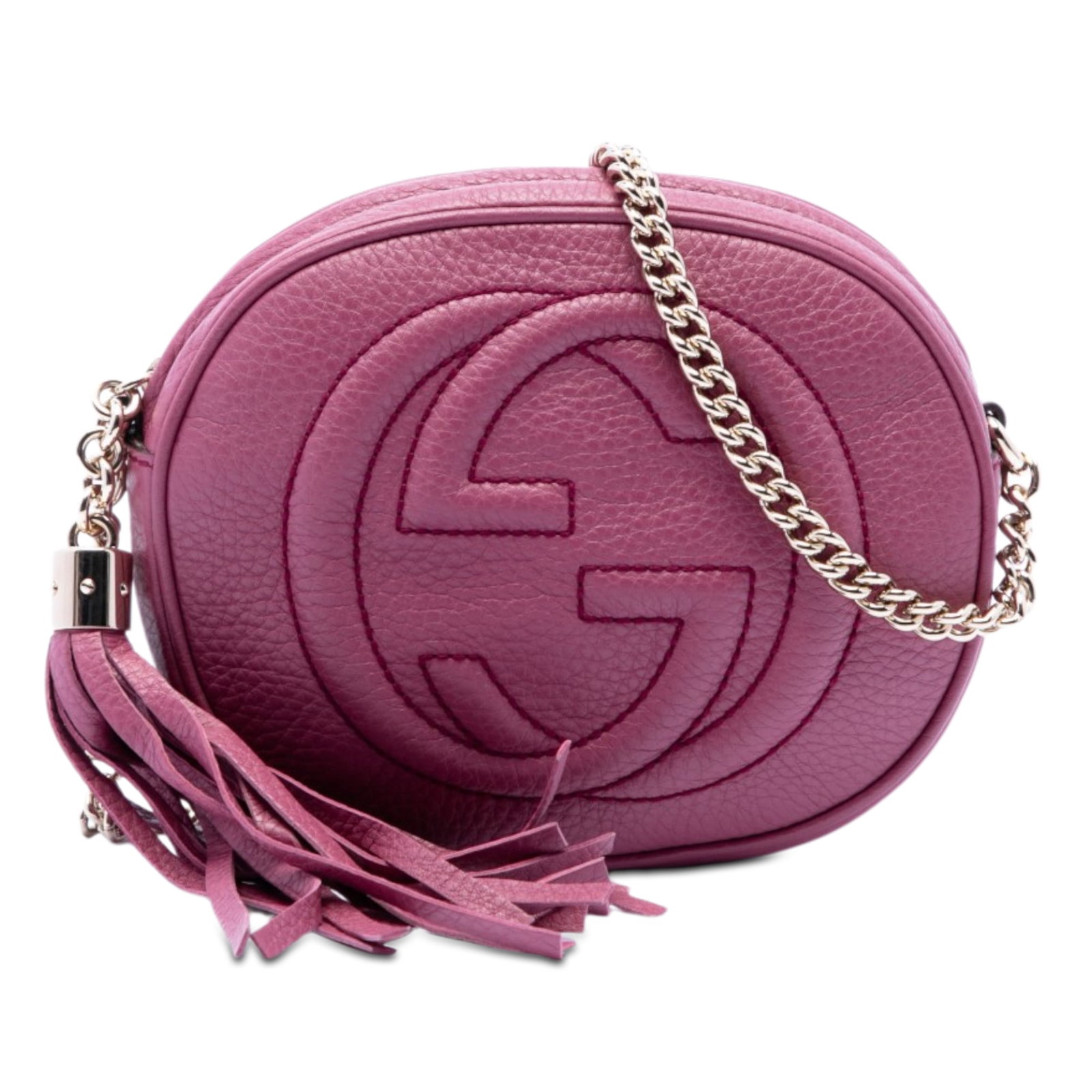 Gucci Soho mini pink leather chain crossbody bag: Gucci Soho mini pink leather chain crossbody bag This Gucci Mini Pebbled Calfskin Soho Chain Crossbody bag features a pink leather body with a signature tassel detail and a chain link strap. It is des