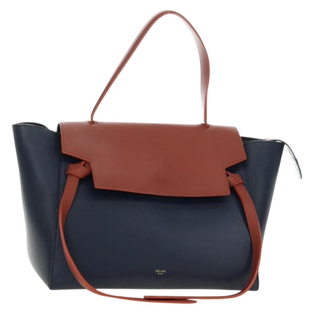 CELINE Belt Leather Handbag Navy Gold Tone with Dust Bag: CELINE Belt Leather Handbag Navy Gold Tone with Dust Bag Celine Belt Bag handbag in navy leather with gold-tone accents. Made in Italy, this women's bag includes a dust bag. Condition is B with reason