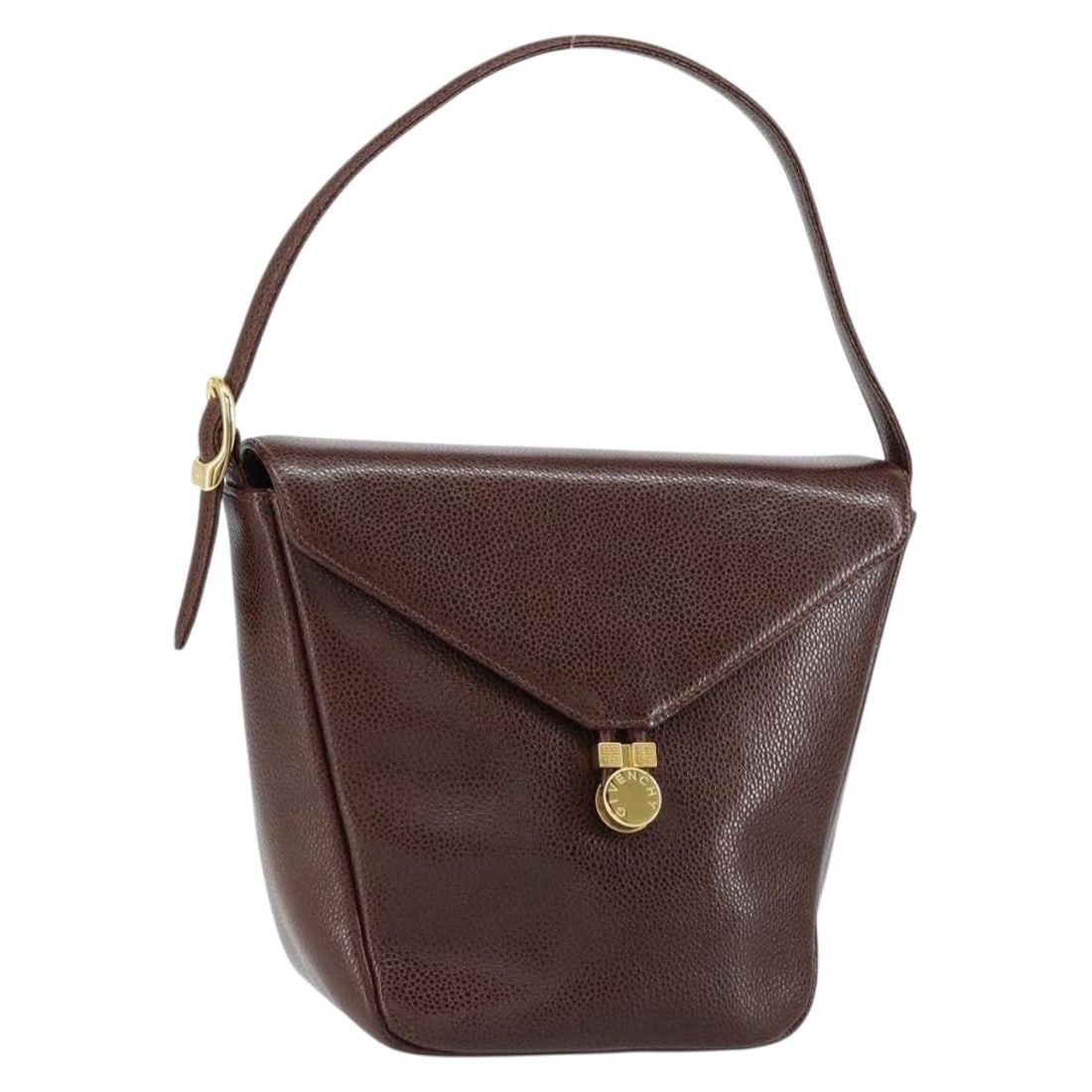 GIVENCHY Dark Brown Leather Shoulder Bag with Gold Accents: GIVENCHY Dark Brown Leather Shoulder Bag with Gold Accents Elevate your style with this GIVENCHY shoulder bag, crafted from luxurious leather in a sophisticated dark brown and gold color scheme. This 