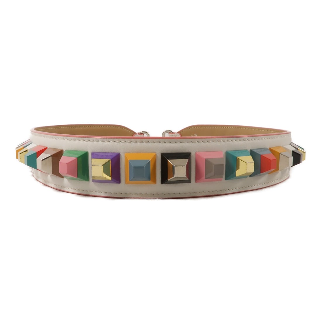 FENDI White Multicolor Calfskin Shoulder Strap: FENDI White Multicolor Calfskin Shoulder Strap This FENDI 'Strap You' shoulder strap is crafted from high-quality calfskin leather in white with multicolor accents. Designed for women, it features a r