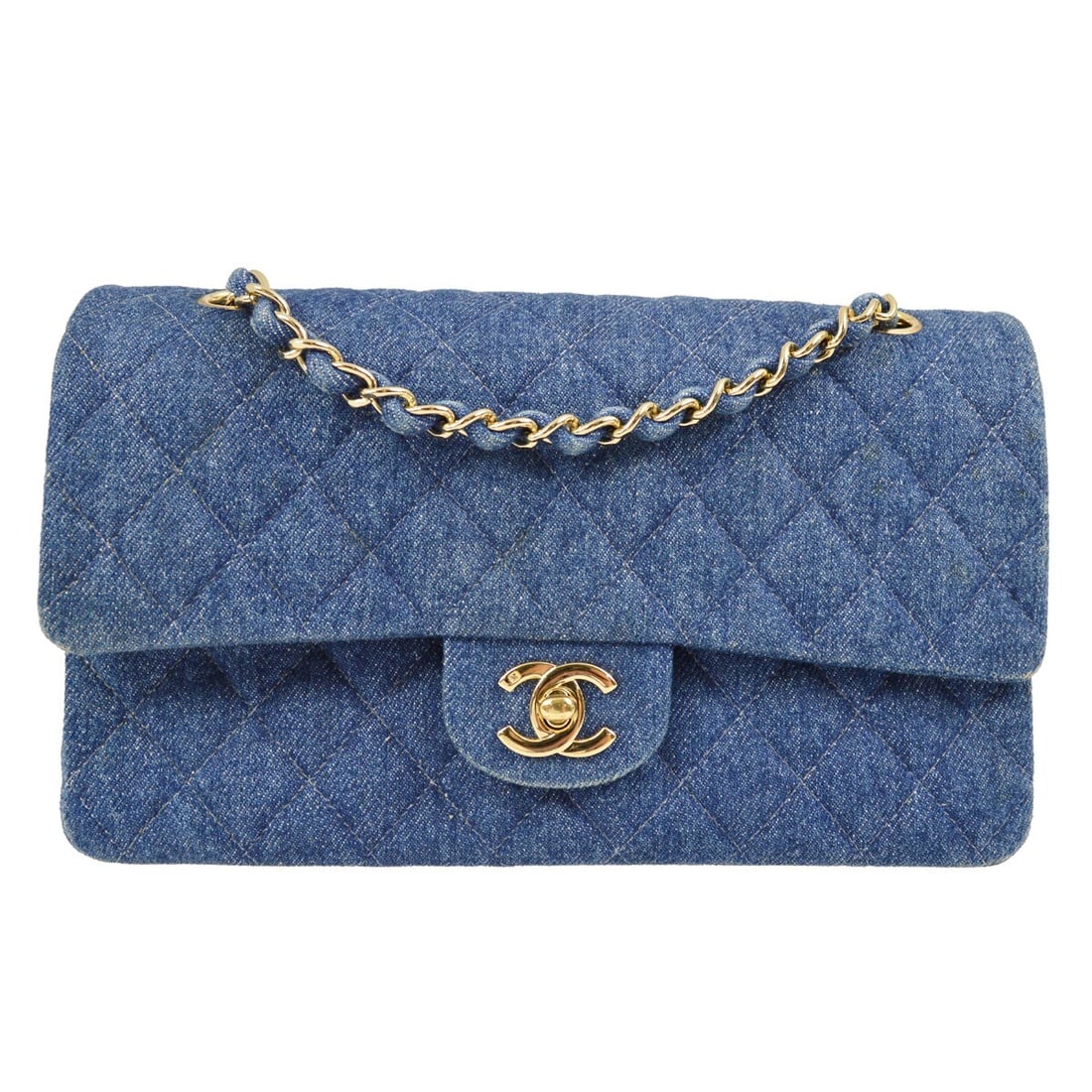 CHANEL Classic Double Flap Medium Blue Denim Shoulder Bag: CHANEL Classic Double Flap Medium Blue Denim Shoulder Bag Medium Chanel Classic Double Flap shoulder bag in blue denim with a matelasse pattern and turnlock closure. This women's shoulder bag features
