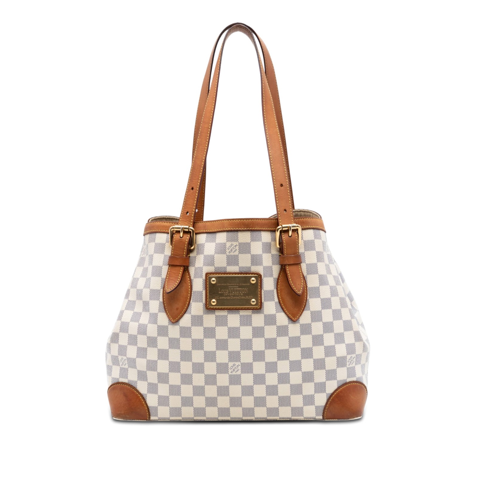 Louis Vuitton Hampstead MM Damier Azur Tote Bag: Louis Vuitton Hampstead MM Damier Azur Tote Bag The Louis Vuitton Damier Azur Hampstead MM is crafted from signature Damier canvas with adjustable flat vachetta leather shoulder straps. It features an
