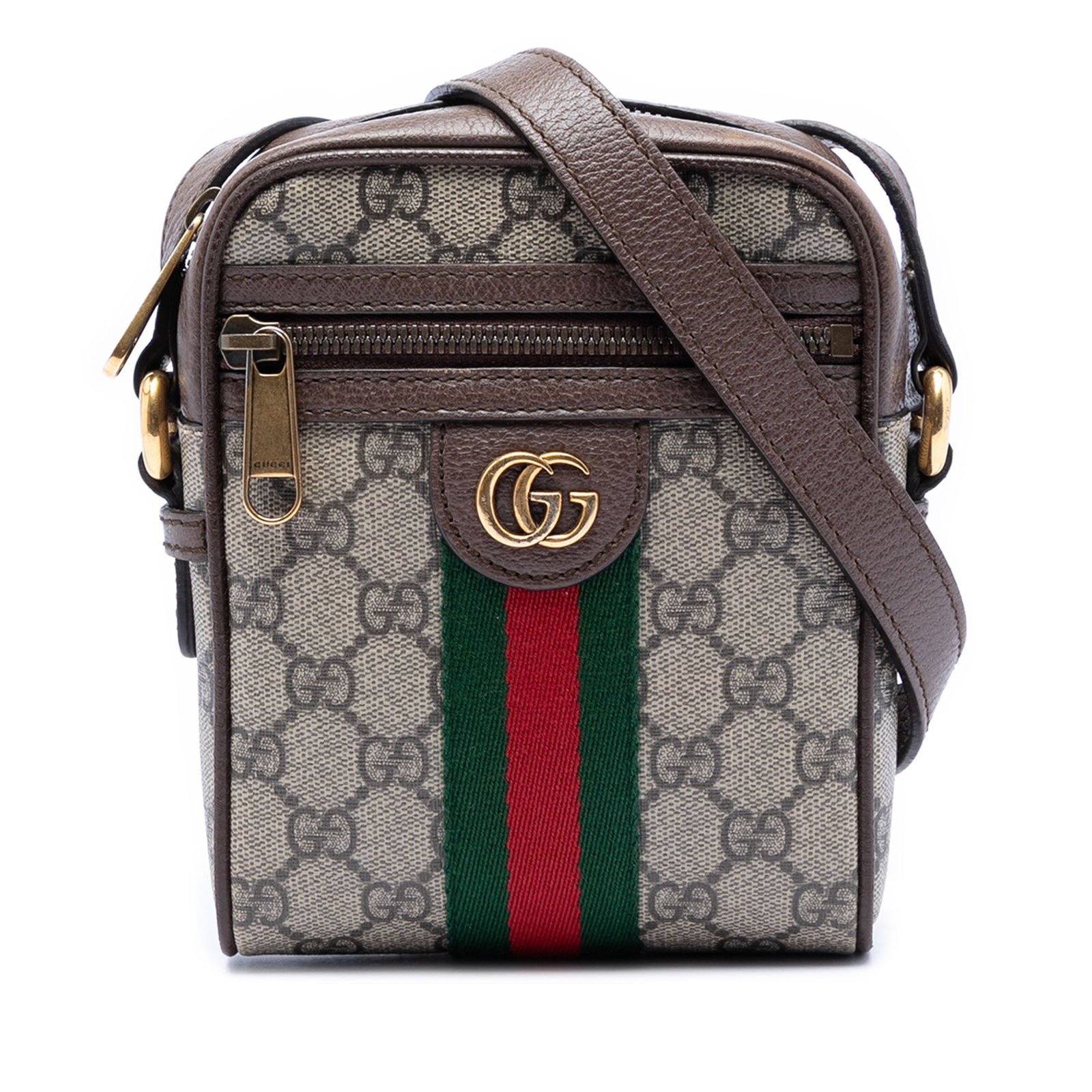 Gucci Ophidia Mini GG Supreme Beige Crossbody Bag: Gucci Ophidia Mini GG Supreme Beige Crossbody Bag This Gucci Mini GG Supreme Web Ophidia Crossbody bag showcases a beige coated canvas body with leather trim and a flat leather strap. It features a to