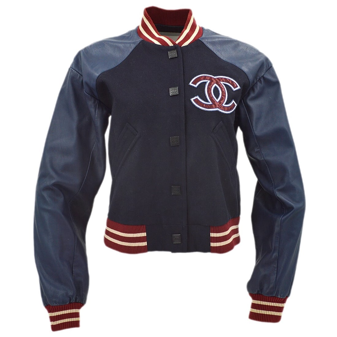 CHANEL 04P Navy Wool Button Front Jacket Size 38 France: CHANEL 04P Navy Wool Button Front Jacket Size 38 France Vintage Chanel mid-length jacket in navy with a collarless, single-breasted design and button closure. Made in France, this women's long-sleeve 