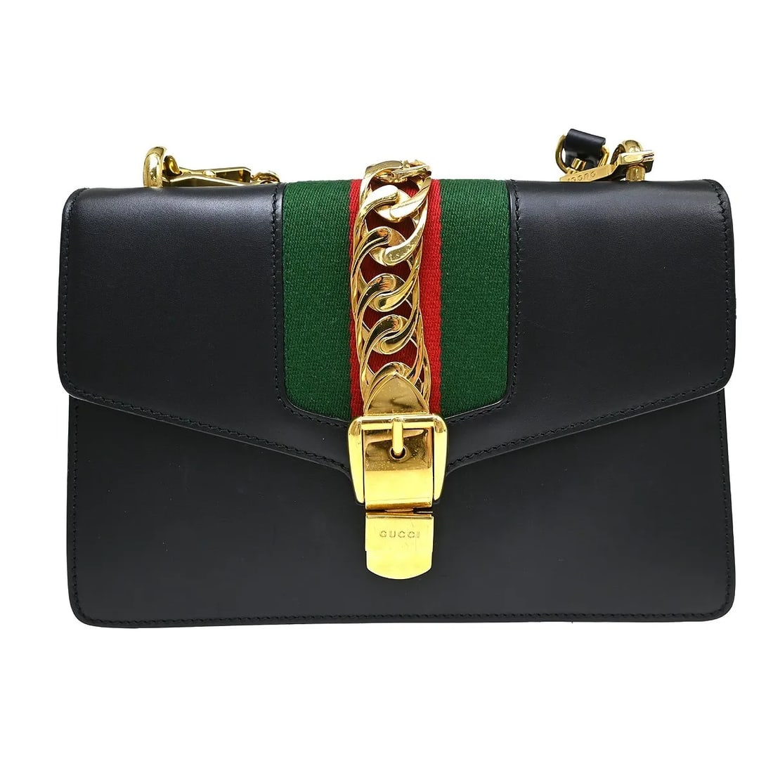 Gucci Sylvie Chain black leather shoulder bag: Gucci Sylvie Chain black leather shoulder bag Gucci Sylvie Chain leather bag in black. Made in Italy, this piece is presented in good condition with visible wear, including scratches and dirt on the e