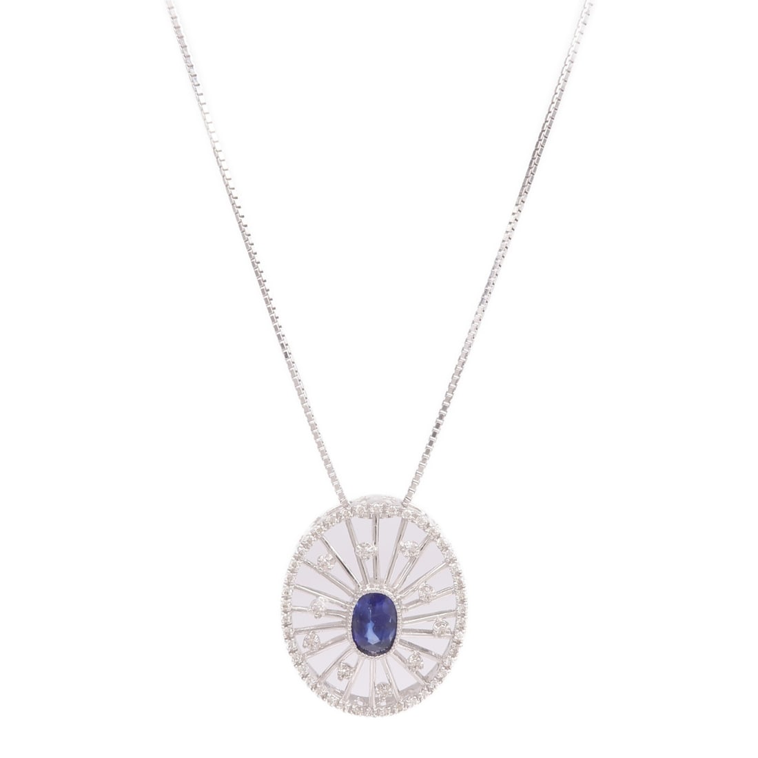 Sapphire and Diamond Pendant Necklace in 18K White Gold: Sapphire and Diamond Pendant Necklace in 18K White Gold This necklace features a sapphire as the main stone set in 18K white gold. The piece is designed in a regular size and showcases a blue frame co