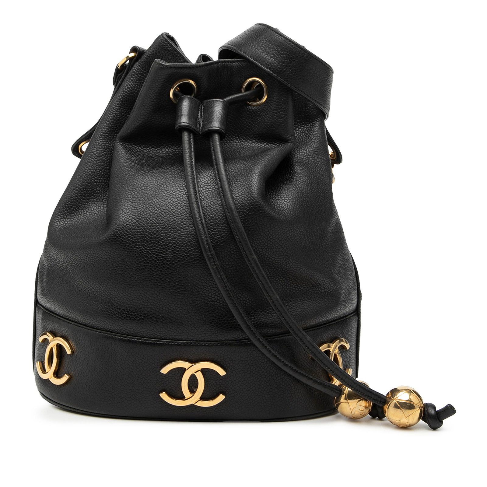 Chanel black caviar leather bucket bag with drawstring and pouch: Chanel black caviar leather bucket bag with drawstring and pouch This Chanel Caviar Triple CC Drawstring Bucket Bag is crafted from durable caviar leather in black and features a gold-tone leather-wov