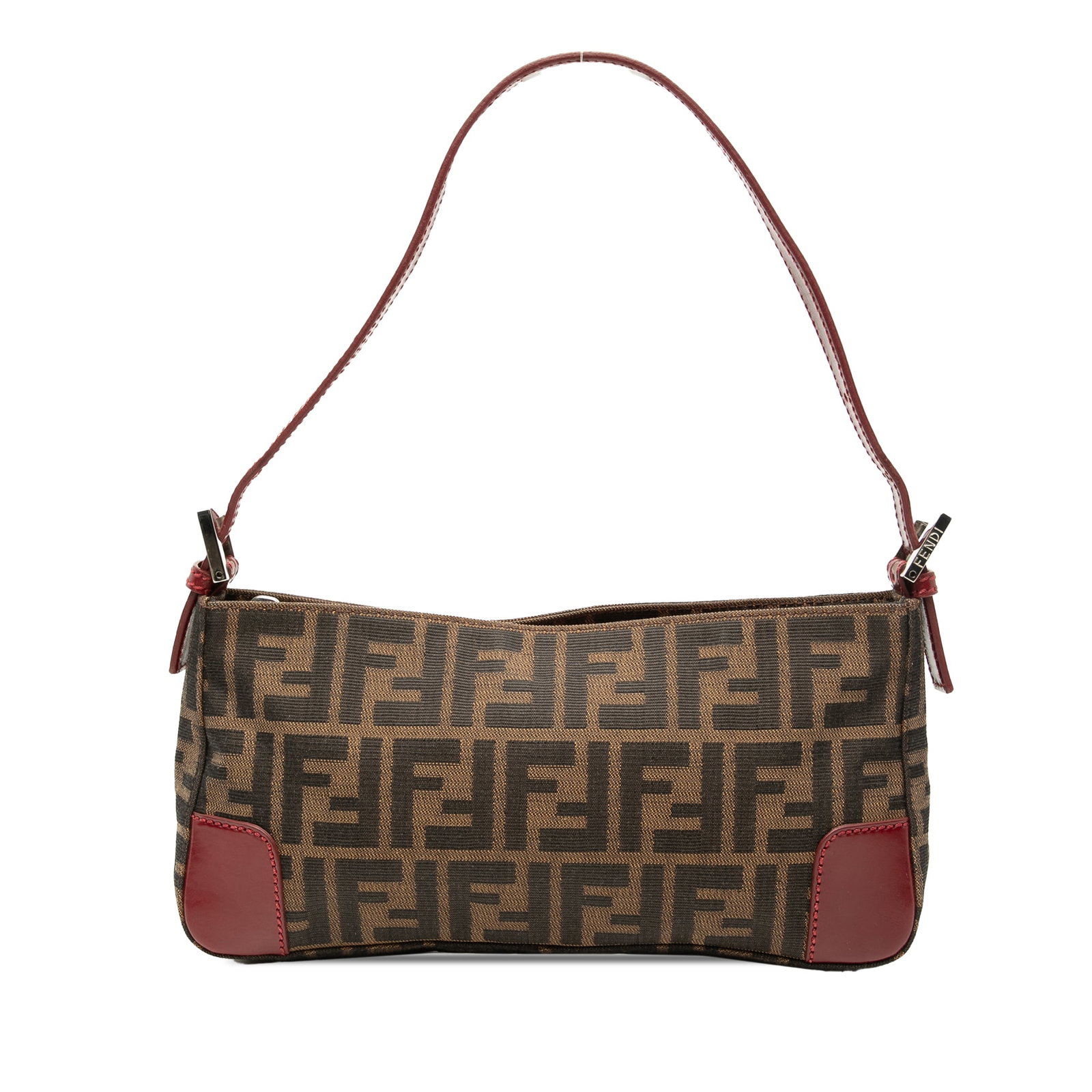 Brown Canvas Shoulder Purse with Leather Trim by Fendi Zucca: Brown Canvas Shoulder Purse with Leather Trim by Fendi Zucca This Fendi Zucca Canvas Shoulder Bag features a canvas body with leather trim, an adjustable flat leather strap, and a top zip closure. The