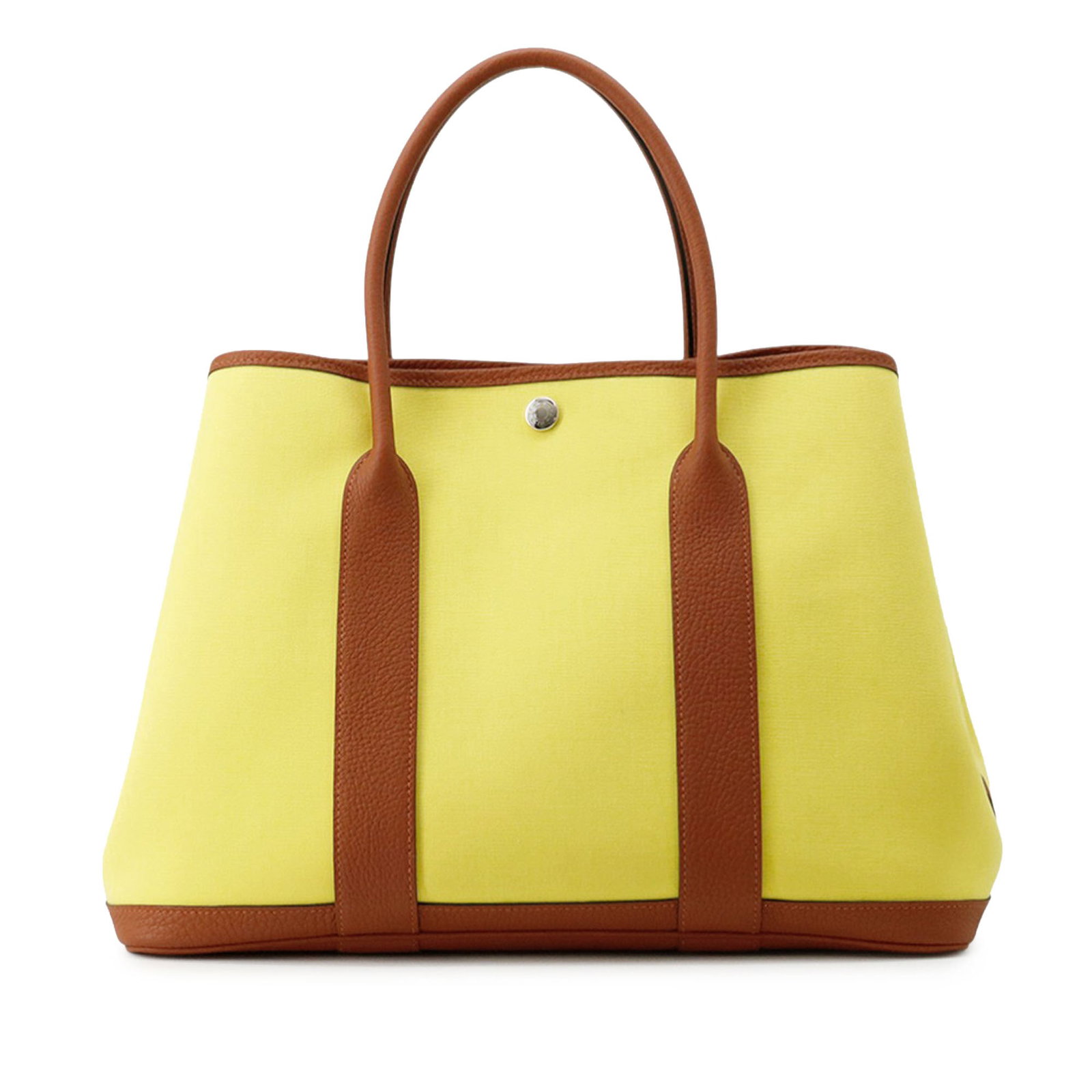 Hermes Garden Party 36 Toile Negonda Tote Bag: Hermes Garden Party 36 Toile Negonda Tote Bag Hermes Garden Party 36 tote in canvas with Negonda leather trim in lime color. This bag features rolled leather handles and an open top with a snap button