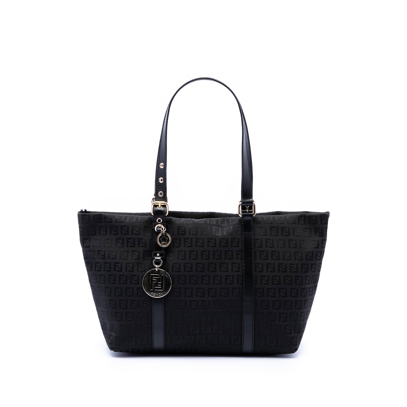 Fendi Zucchino Canvas Black Tote Bag: Fendi Zucchino Canvas Black Tote Bag This Fendi Zucchino Canvas Superstar Tote features a canvas body with the signature Zucchino motif, flat leather handles, a top zip closure, and interior slip pock