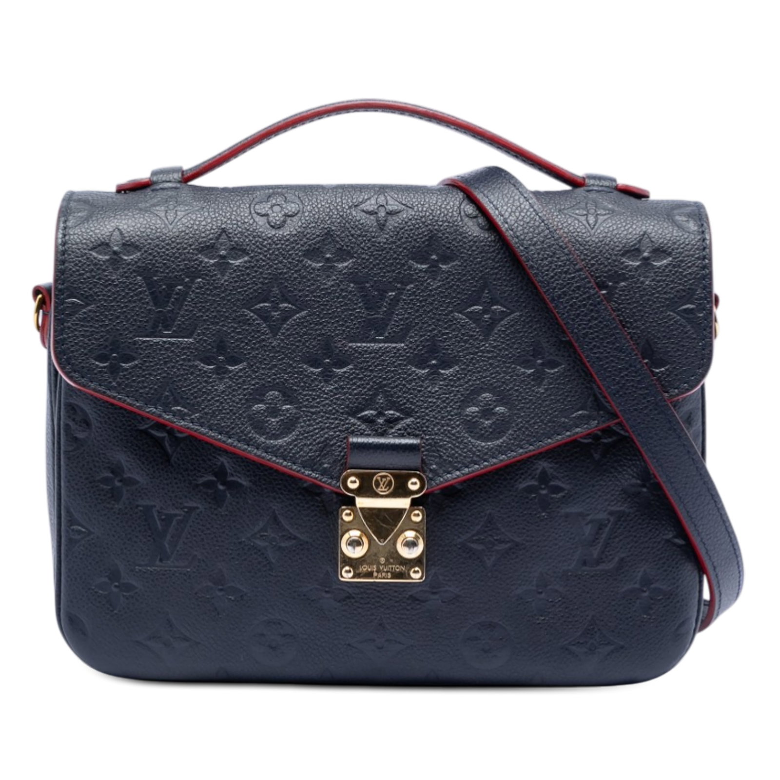 Louis Vuitton Pochette Metis Blue Monogram Empreinte Leather Shoulder Bag: Louis Vuitton Pochette Metis Blue Monogram Empreinte Leather Shoulder Bag This Louis Vuitton Pochette Metis features the signature Monogram Empreinte leather in blue, complemented by a flat leather to
