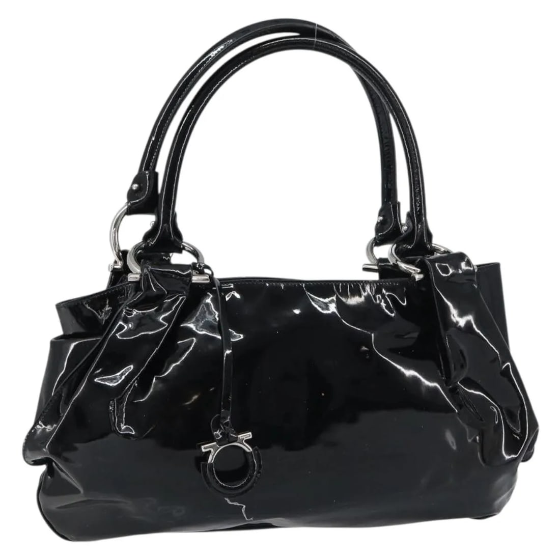 Black Patent Leather Tote Bag with Gancini Hardware by Salvatore Ferragamo: Black Patent Leather Tote Bag with Gancini Hardware by Salvatore Ferragamo This Salvatore Ferragamo Gancini Tote is crafted from black patent leather, designed for women. It features metal fittings an