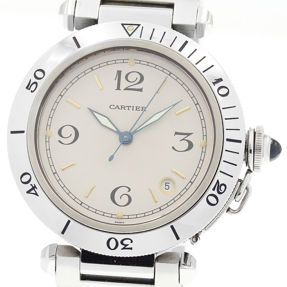 Cartier Pasha 38mm Stainless Steel Automatic Men's Watch Beige Dial Date: Cartier Pasha 38mm Stainless Steel Automatic Men's Watch Beige Dial Date This is a pre-owned Cartier Pasha W3100655 men's wristwatch featuring a 38mm stainless steel case and an automatic movement. Th