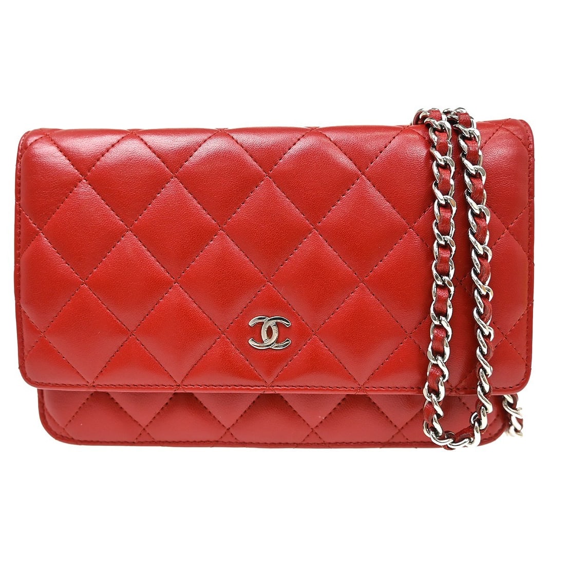 CHANEL Classic WOC Wallet on Chain Red Lambskin Leather: CHANEL Classic WOC Wallet on Chain Red Lambskin Leather Chanel Classic WOC Wallet on Chain bag in red lambskin leather. This folding wallet style features a chain strap and an organized interior with 