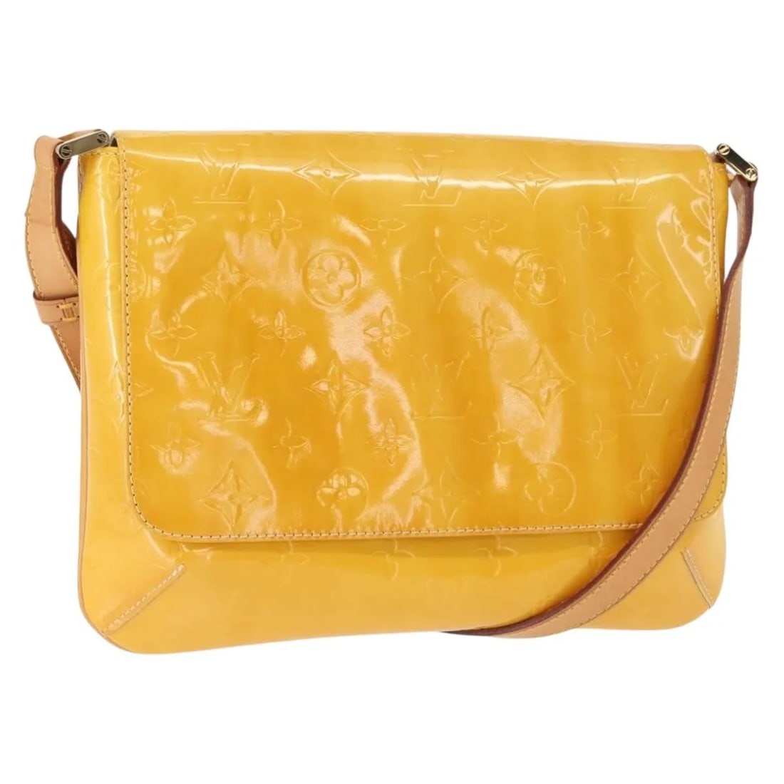Thompson Street Yellow Patent Leather Shoulder Bag by Louis Vuitton: Thompson Street Yellow Patent Leather Shoulder Bag by Louis Vuitton This Louis Vuitton Thompson Street handbag features the iconic Monogram Vernis pattern in a yellow patent leather finish. Designed f