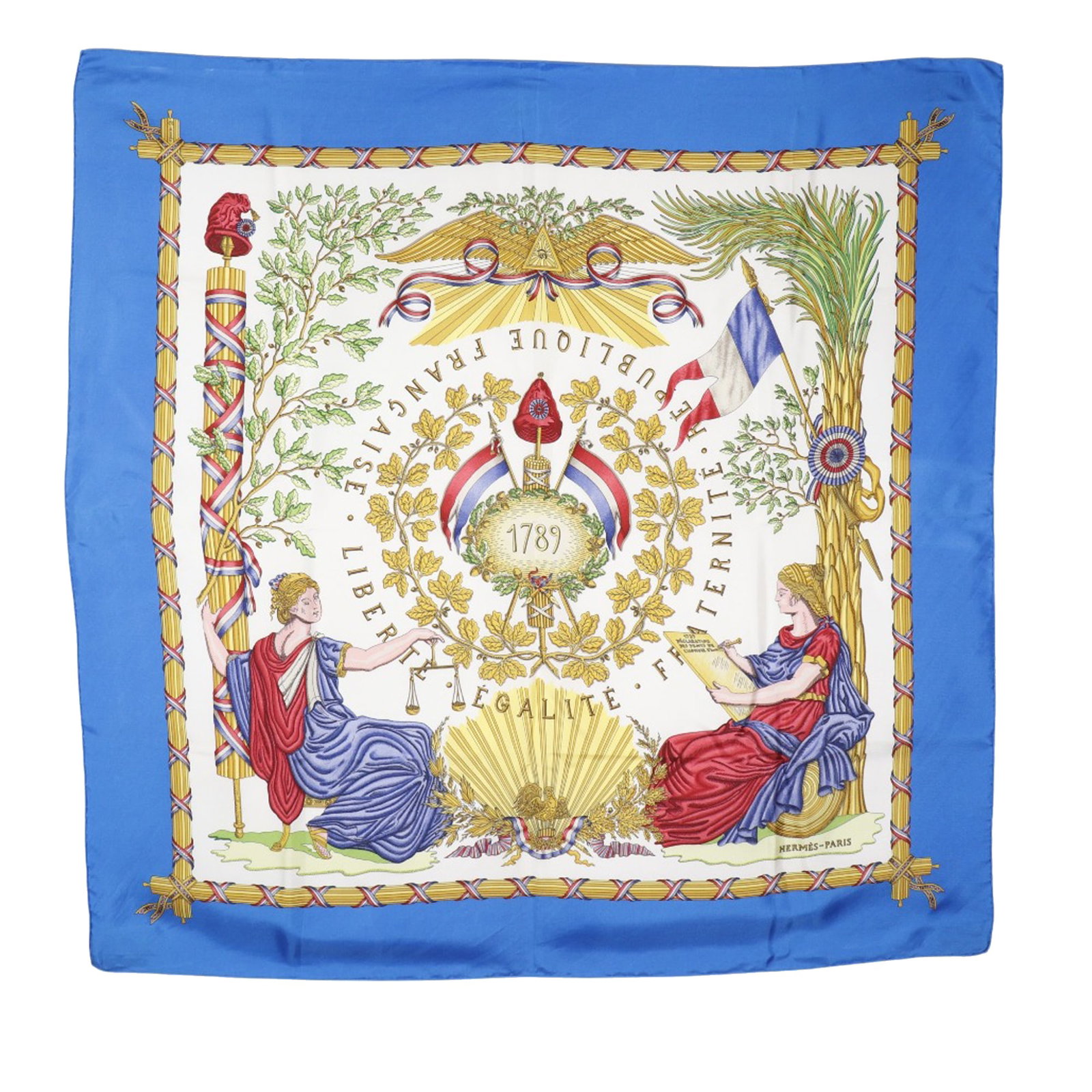 Hermes French Republic Silk Square Scarf 90cm White: Hermes French Republic Silk Square Scarf 90cm White This Hermes Republique Francaise Liberte Egalite Fraternite 1789 scarf showcases a distinctive print celebrating French heritage, crafted from 100% 