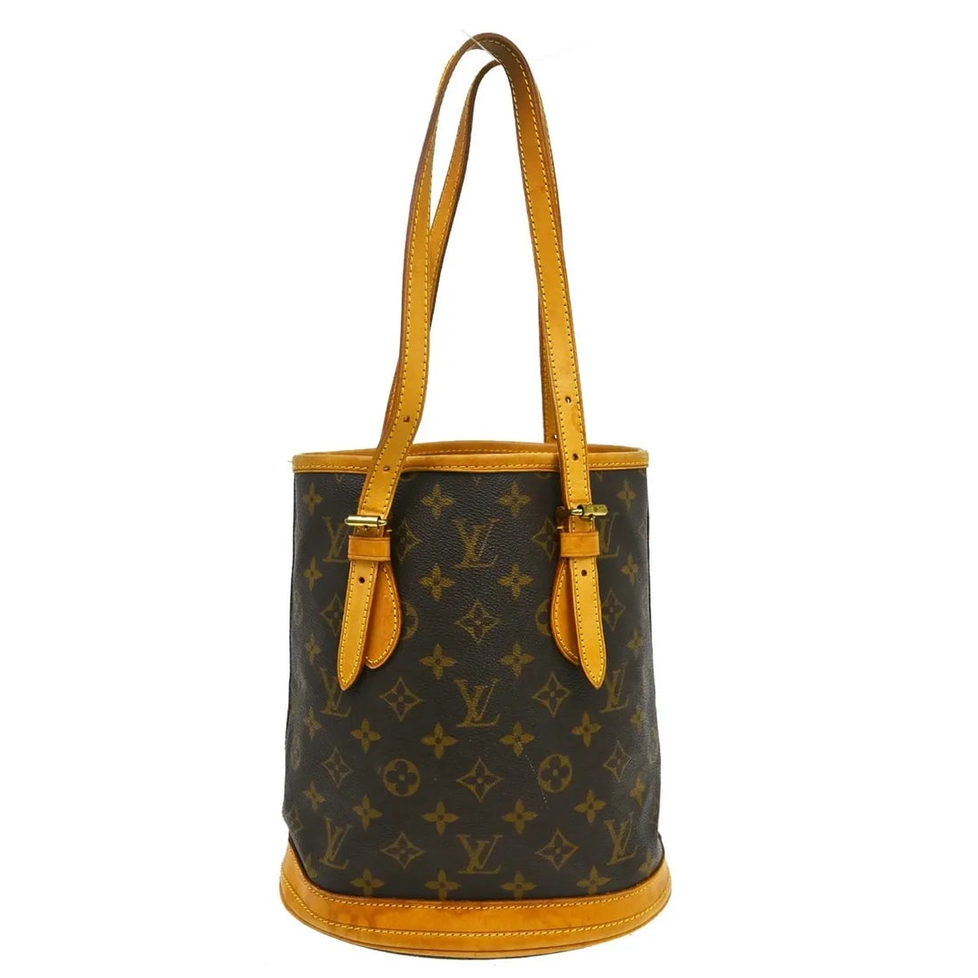 Louis Vuitton Petit Bucket Shoulder Bag in Monogram Canvas: Louis Vuitton Petit Bucket Shoulder Bag in Monogram Canvas Louis Vuitton Petit Bucket in brown monogram canvas. This women's shoulder bag is made in France and is presented in fair condition with visi