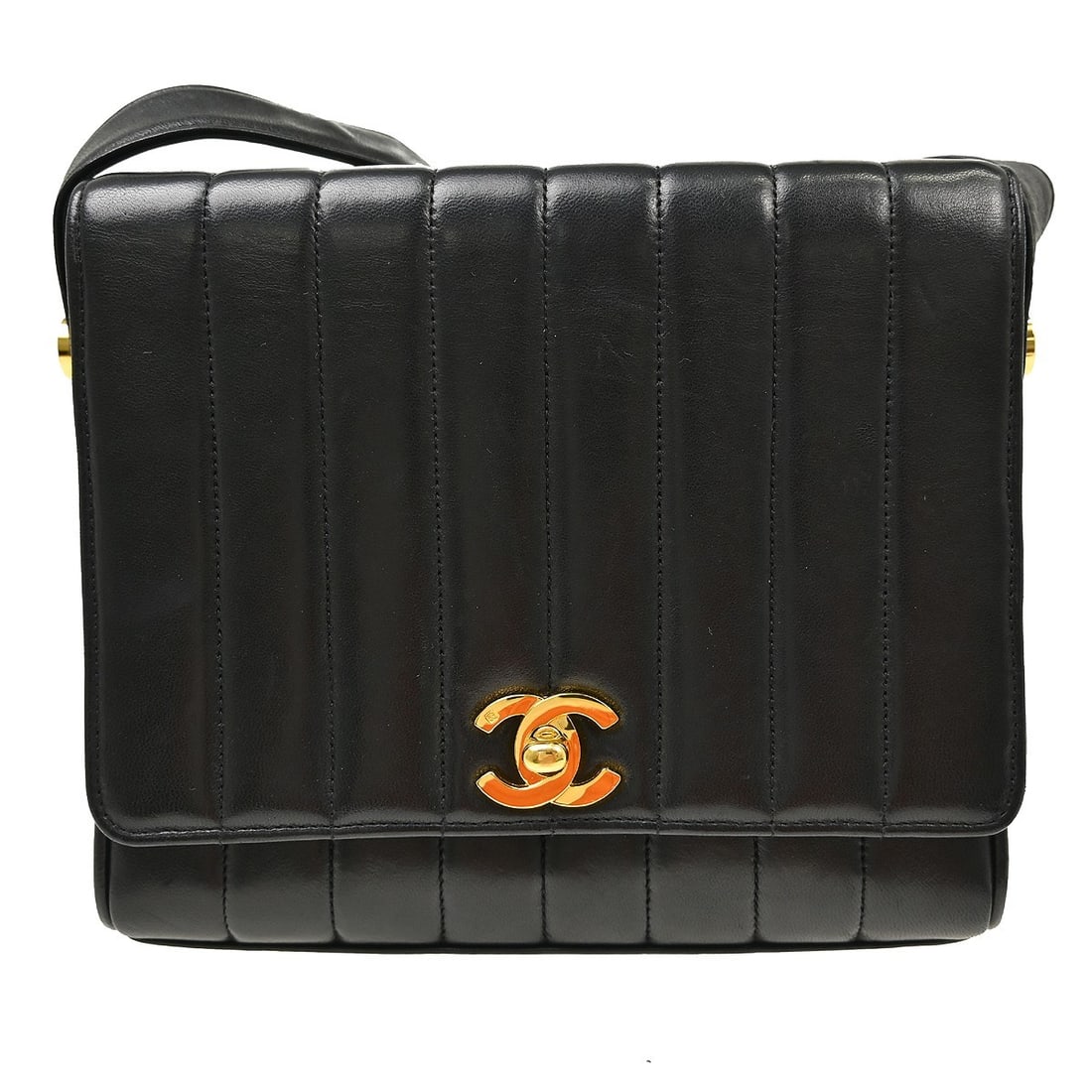 CHANEL Mademoiselle black lambskin shoulder bag with single flap: CHANEL Mademoiselle black lambskin shoulder bag with single flap Chanel Mademoiselle Single Flap shoulder bag in black lambskin leather with a quilted finish and turn-lock closure. This medium shoulde