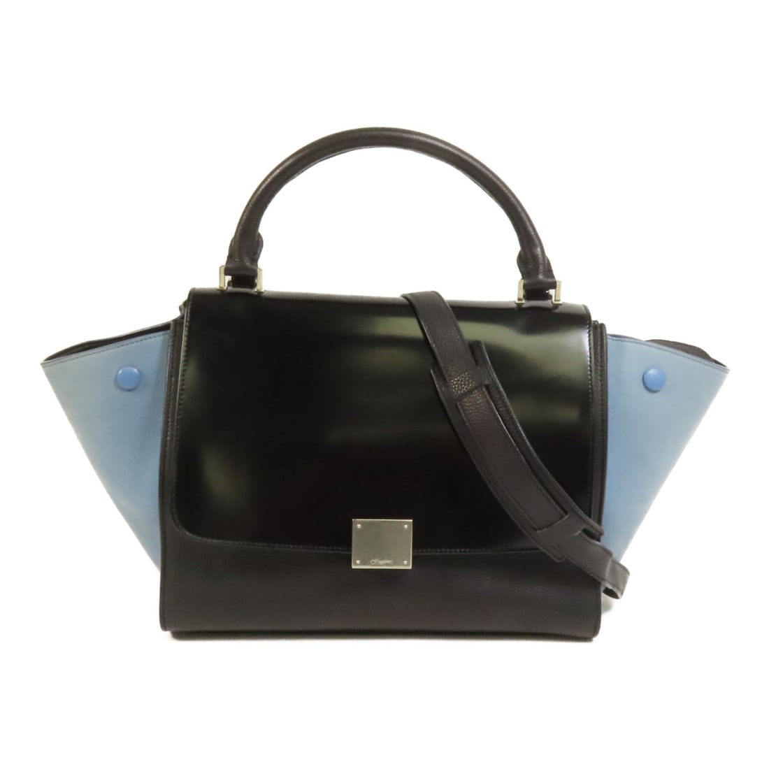 Celine Trapeze Black Calfskin 2way Shoulder Bag: Celine Trapeze Black Calfskin 2way Shoulder Bag This CELINE Trapeze 2way shoulder bag features a sophisticated combination of black and blue calfskin leather. Designed for versatility, it can be carri